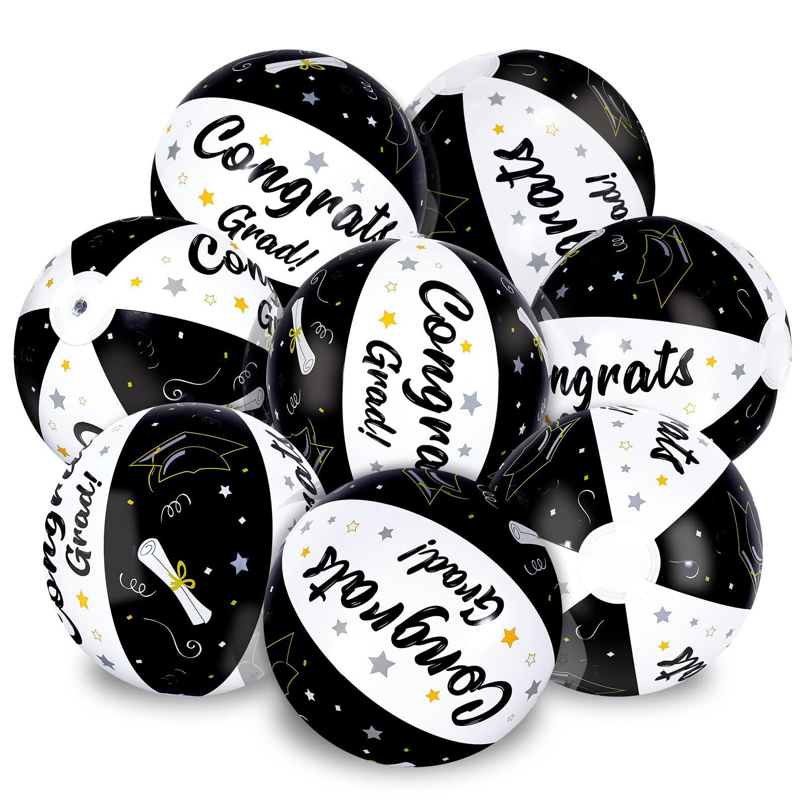 Whaline Whaline 12Pcs Graduation Inflatable Beach Balls 11.8 Inch 2024 Congrats Grad Beach Ball Black White Graduation Pool Party PVC Bech Balls for Swimming Pool Party Summer Water Sand Game