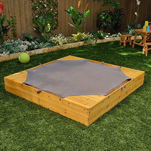 KidKraft KidKraft Wooden Backyard Sandbox with Built-in Corner Seating and Mesh Cover, Kid's Outdoor Furniture, Honey, Gift for Ages 2-8