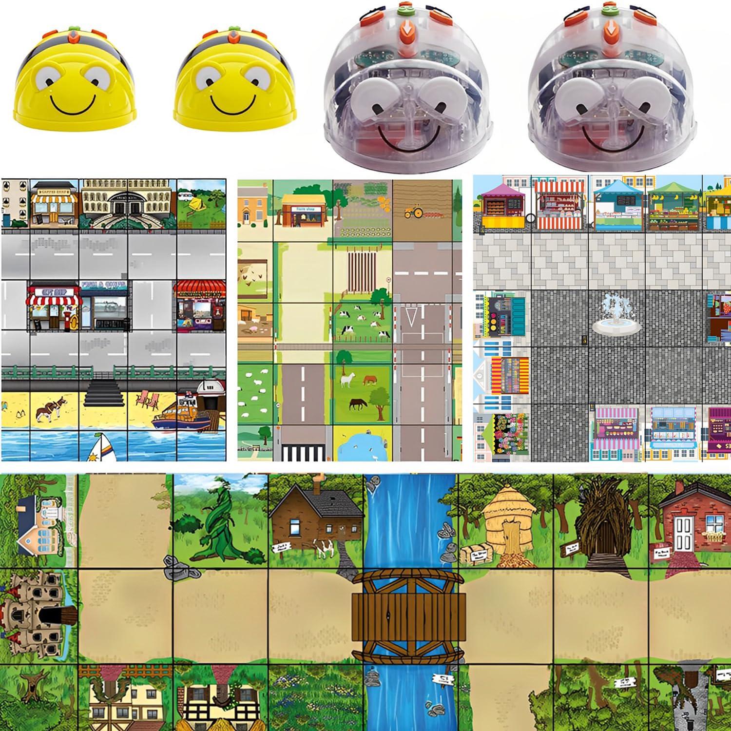 Generic TTS 2 Bee-Bot and 2 Blue-Bot See and Say Robots Classroom Bundle with Play Mats Includes 1 Countryside Mat, 1 Marketplace Mat, 1 Seaside Mat & 1 Fairytale Mat