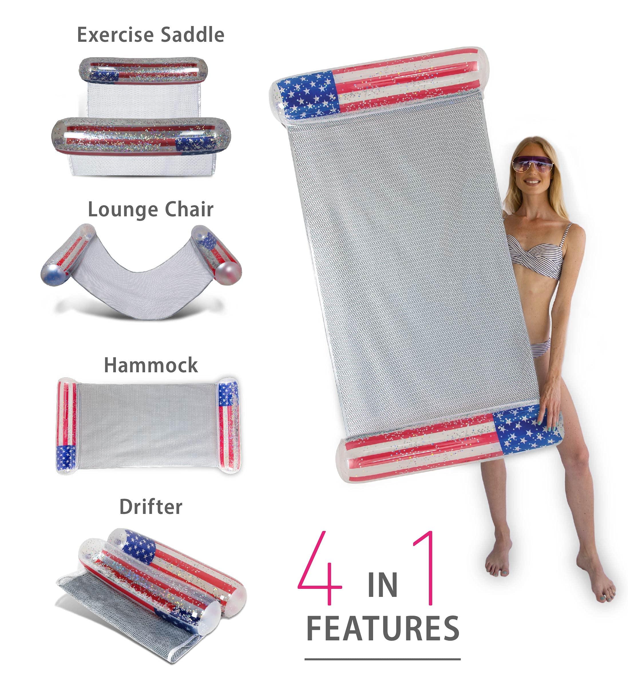 POZA POZA Inflatable USA Pool Floats - Luxurious Swim Floats Filled with Sparkling Silver Confetti Stars, Adults and Kids Swimming Pool Floats, Cool American Flag Floats for Pool, Beach, and Lake - 3 Packs