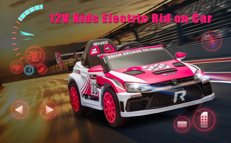 JoyRydz 12V Kids Car Ride on Toys w/Remote,2x20W Motors Children Ride-on Race Car to Drive,12V Kids Electric Vehicles for Ages 3-8 Boys Girls (Red & White)