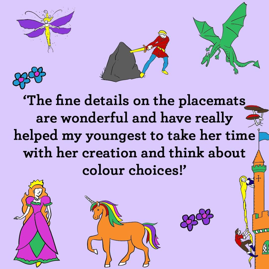 eatsleepdoodle eatsleepdoodle Fairy Tale placemat in its own Cotton Carry Bag to Color-in, Fun Educational Mythical Creature Storybook Coloring Placemat, Washable Felt tip Fabric Markers Included