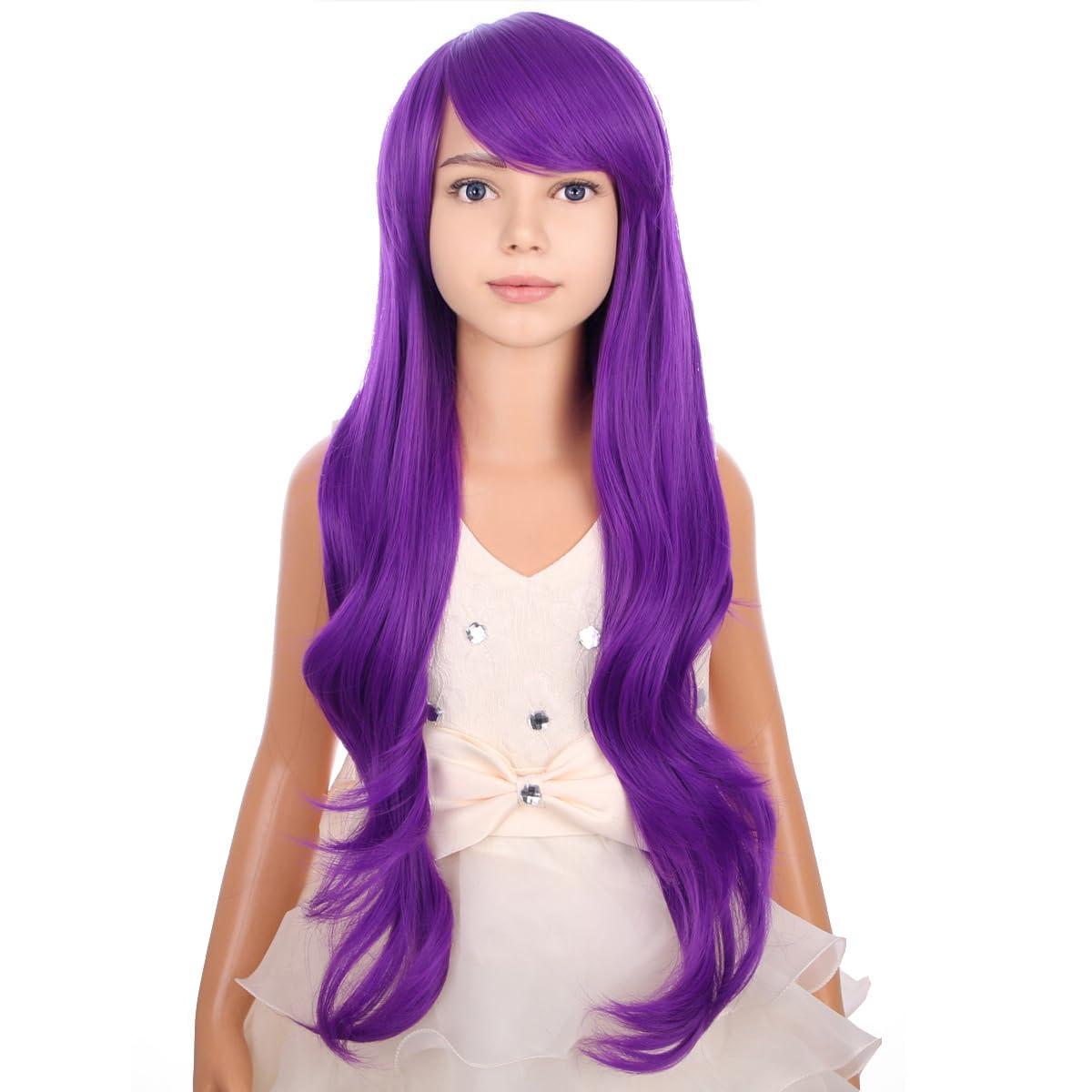 PATTNIUM PATTNIUM Kids Purple Wig Long Wavy Purple Wig with Bangs for Child Girls Dark Purle Synthetic Wig with Wig Cap
