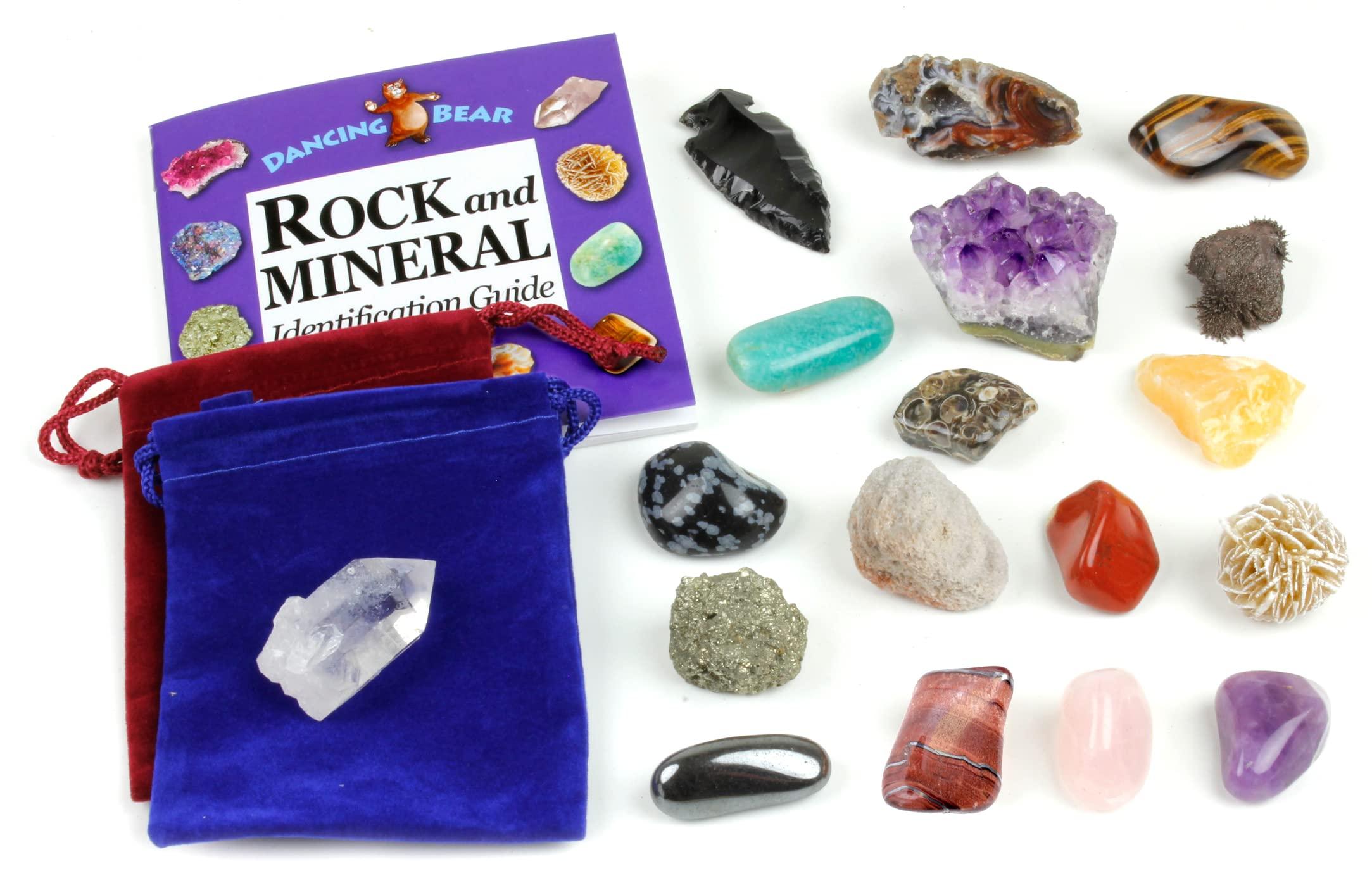 DANCING BEAR Dancing Bear Rock and Mineral Geology Education Collection - 18 Pcs of Gem Stones w Identification Book. Box and 2 Velvet Pouches Included! Geology Gem Kit for Kids