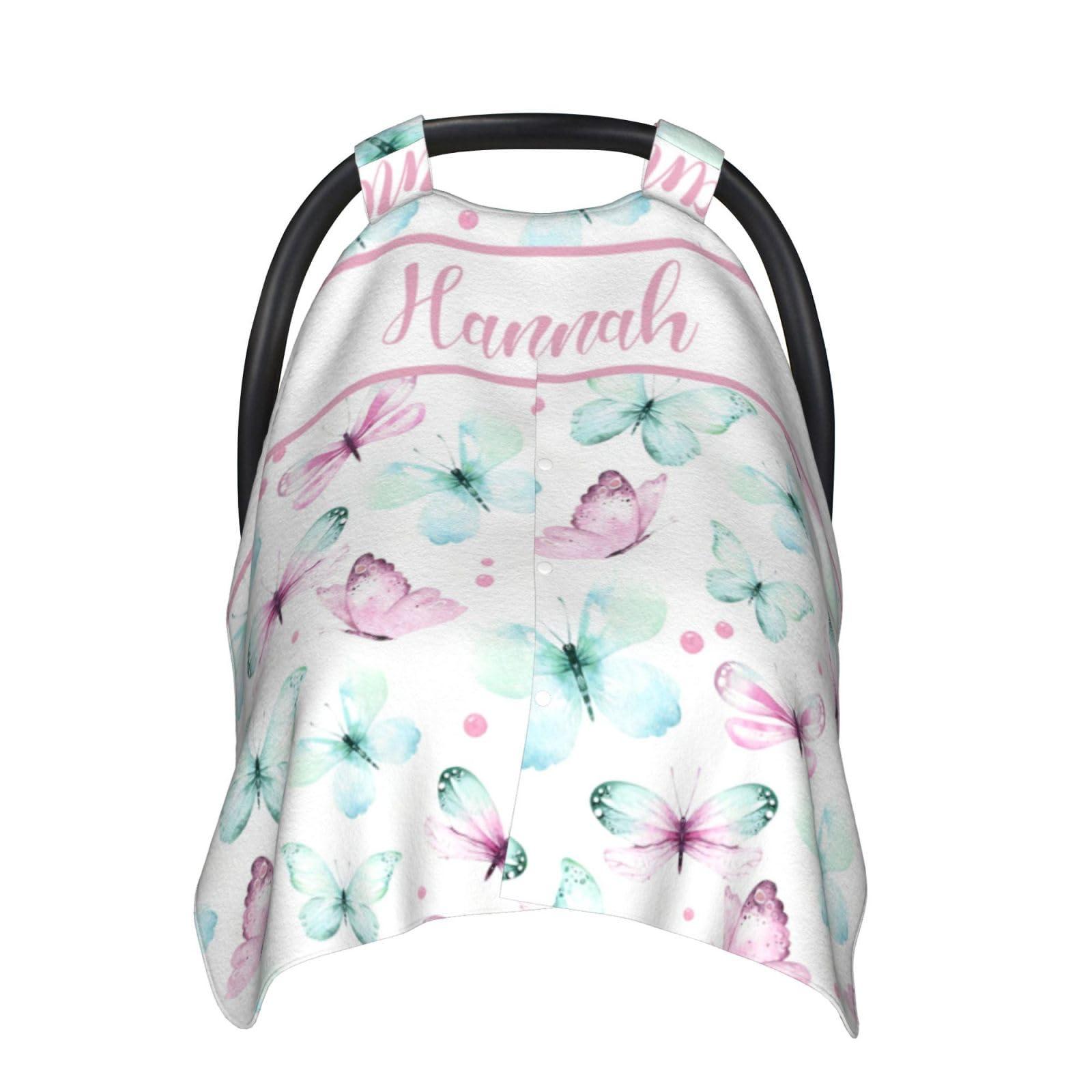 Naseagleeye Custom Baby Car Seat Canopy for Babies with Name, Personalized Stroller Car Seat Covers for Girls, Butterfly Minky Nursing Carseat Cover for Breastfeeding, Car Seat Canopies for Newborn