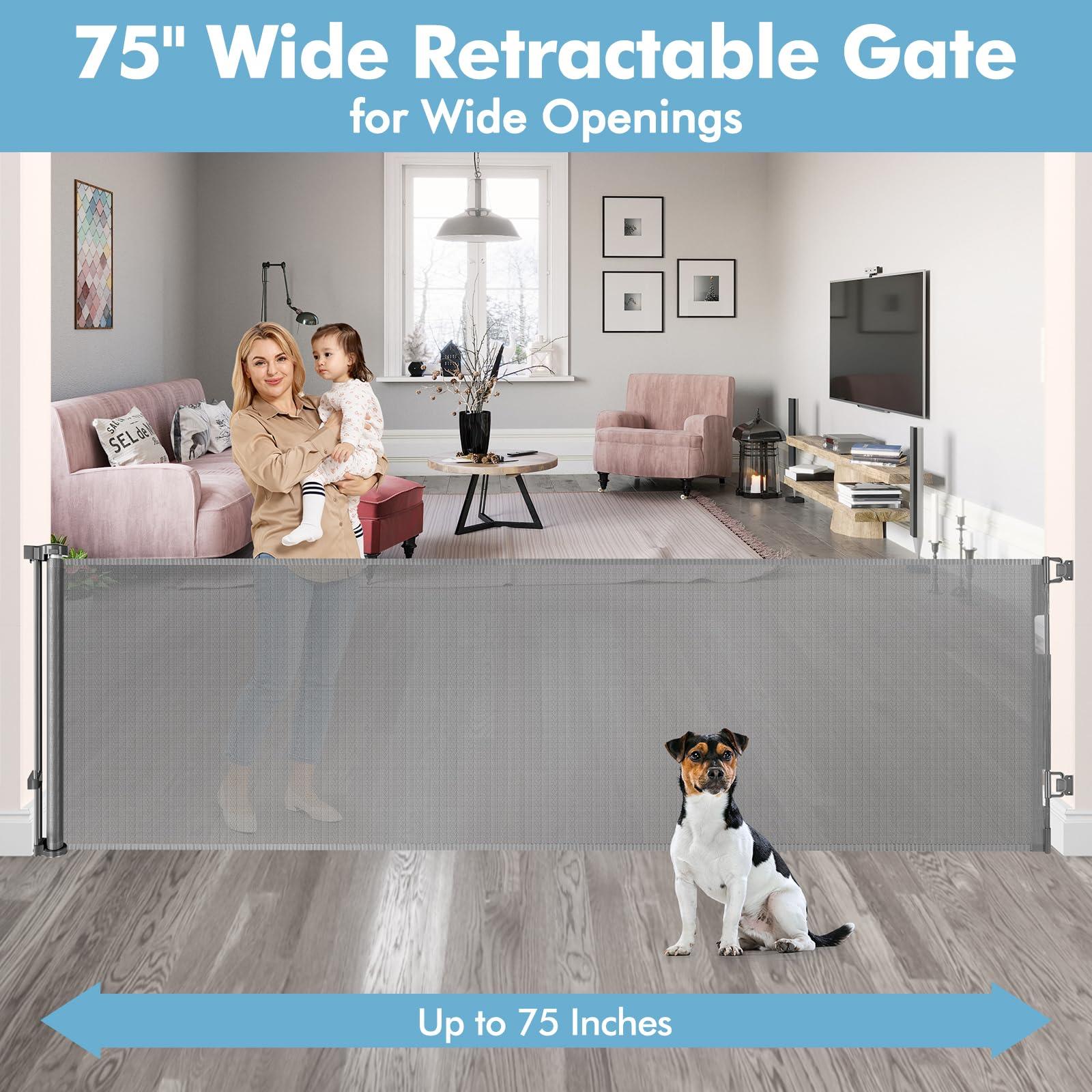 KISKIZ 75 Inch Retractable Baby Gates for Wide Openings Retractable Dog Gate Indoor Extra Long Baby Gate Outdoor Extra Large Dog Gate Extra Wide Baby Gate for Stairs Dog Gates for Doorways, Porches, Gray