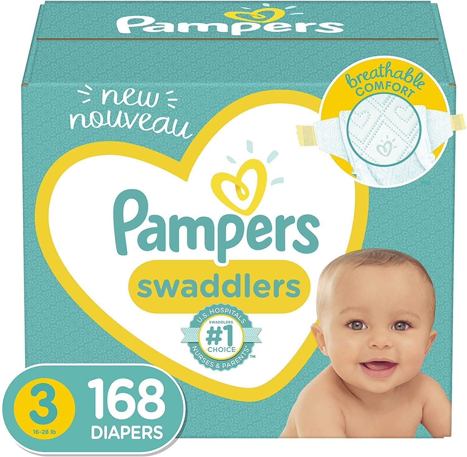 Pampers Baby Diapers Size 3, 168 Count - Pampers Swaddlers, ONE MONTH SUPPLY (Packaging and Prints on Diapers May Vary)