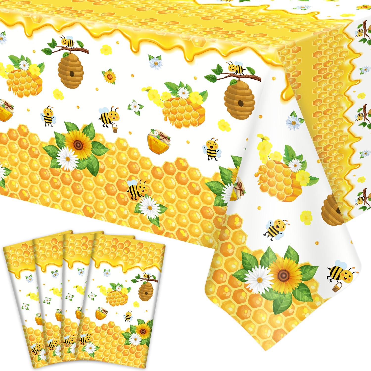 Dvaorc 4 Pack Bee Tablecloth Happy Bee Day Tablecloths Rectangle Honey Bees Bumble Table Cover Bee Theme Party Tablecloth for Bee Baby Shower Bee Birthday Party Decorations 51 x 86 Inch
