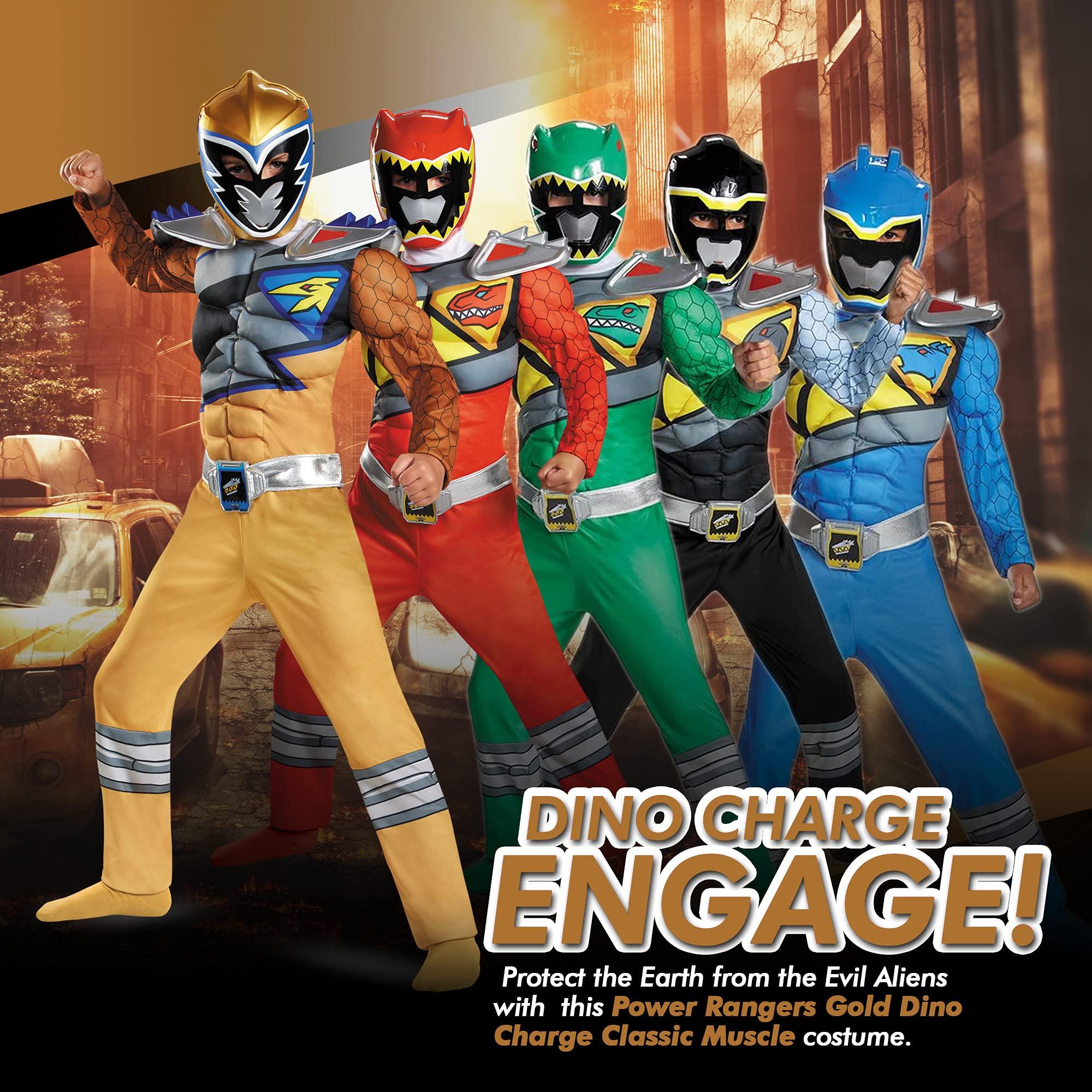 Disguise Gold Power Rangers Costume for Kids. Official Licensed Gold Ranger Dino Charge Classic Muscle Power Ranger Suit with Mask for Boys & Girls, Medium (7-8)