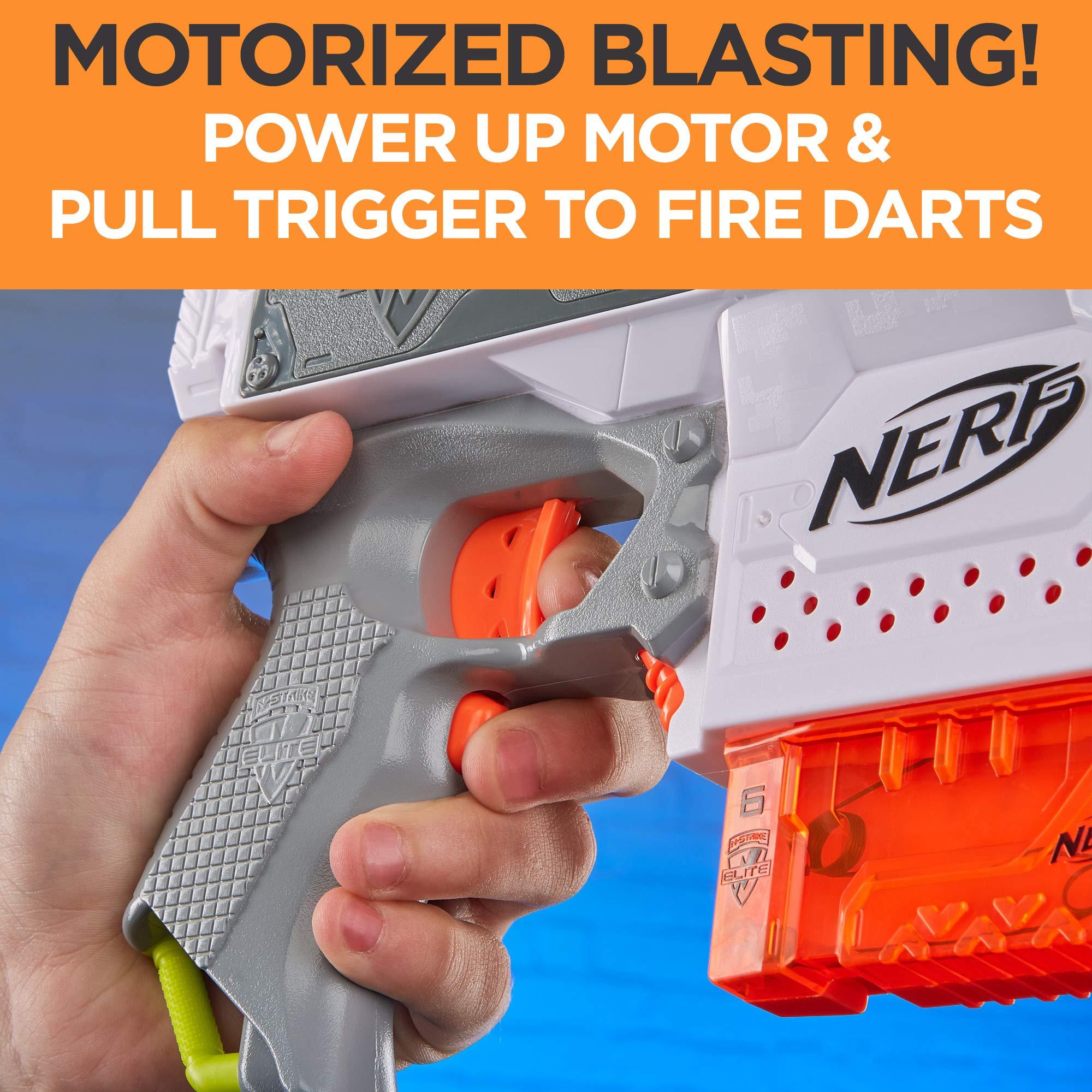 NERF Nerf Modulus Stryfe Motorized Blaster - Fires 6 Darts in a Row - Includes Drop Grip, Barrel Extension, 6-Dart Clip, 6 Nerf Elite Darts (Amazon Exclusive)