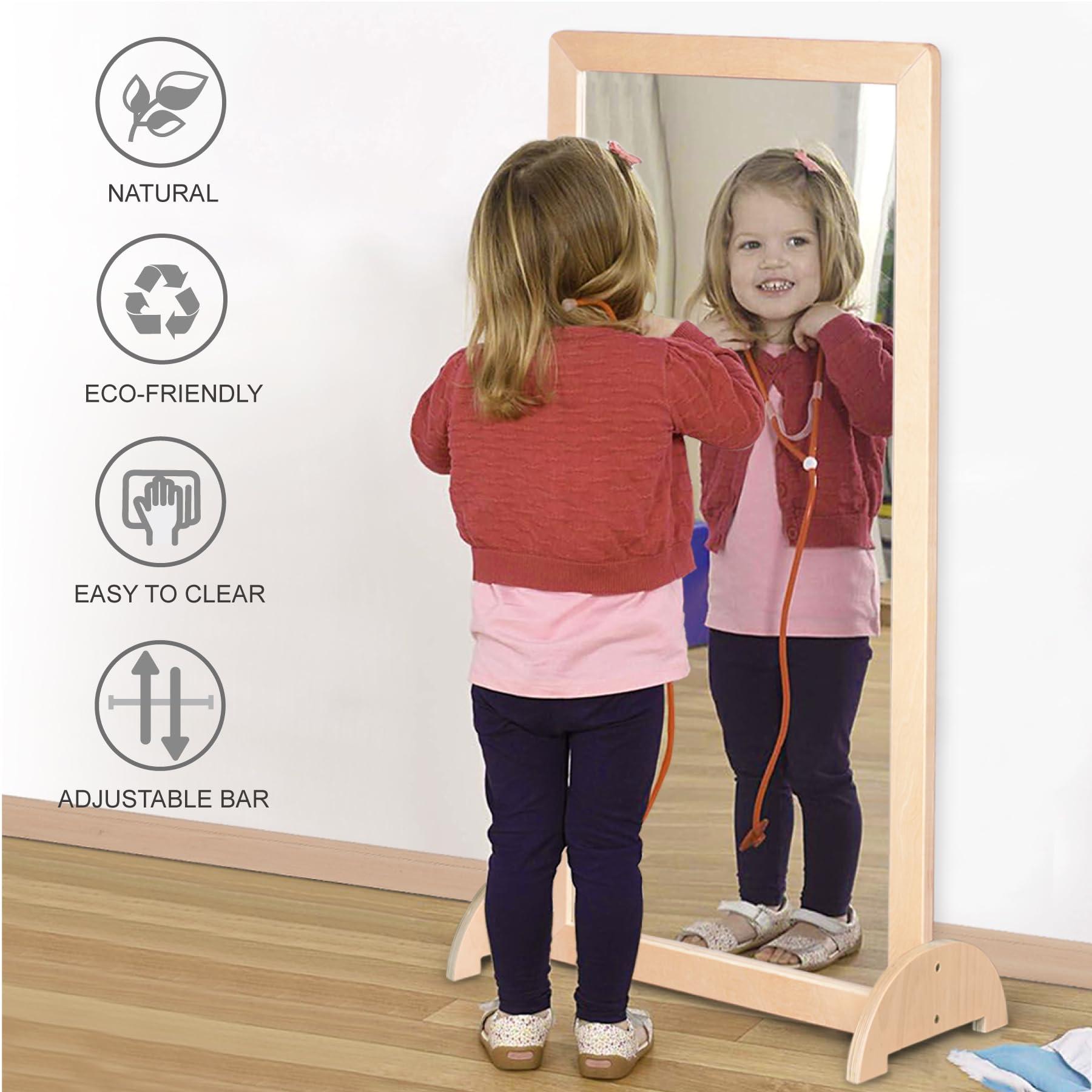 KRAND KRAND 3-Position Montessori Wood Frame Non-Shatter Safety Pull Up Bar Baby Big Mirror Set, Infant Coordination Mirror, Kids Classroom Furniture for Daycare, Homeschool or Preschool