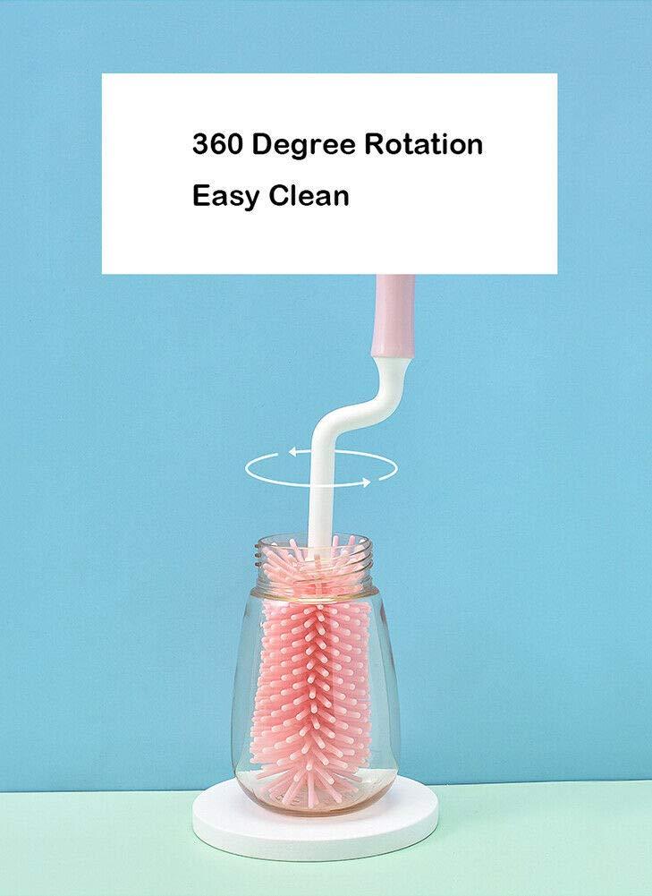 Magik Magik 3PCS Set Silicone Feeding Baby Bottle Nipple Straw Cleaning Brush 360 Degree (Pink)