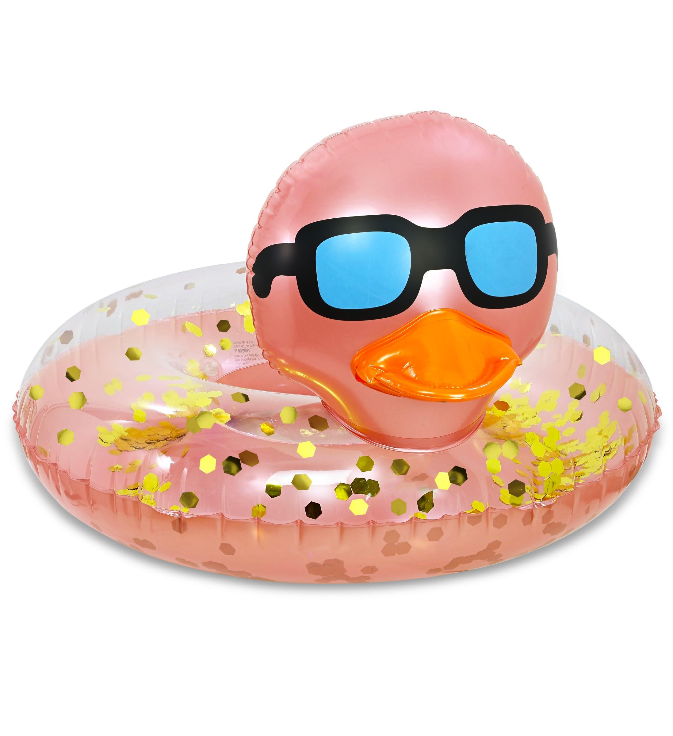 POZA POZA Inflatable Duck Pool Float Tube- Heavy Duty Vinyl UV Resistant Confetti Pool Duck Floatie, Animal Pool Float Swim Ring Pool Inflatables for Kids and Adults for Beach, Party, Vacation - Rose Gold