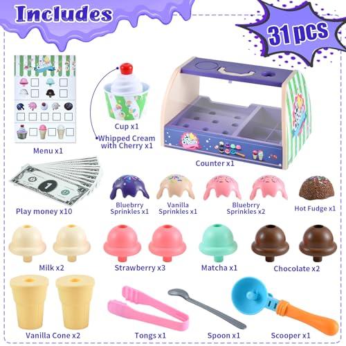 FRIEET Ice Cream Toys for Kids, Toddler Pretend Play Kitchen Food Accessories, Ice Cream Counter Playset, Pretend Food Toys for 3 4 5 6 Year Old Girls & Boys, Christmas Birthday Toys Gift for Kids