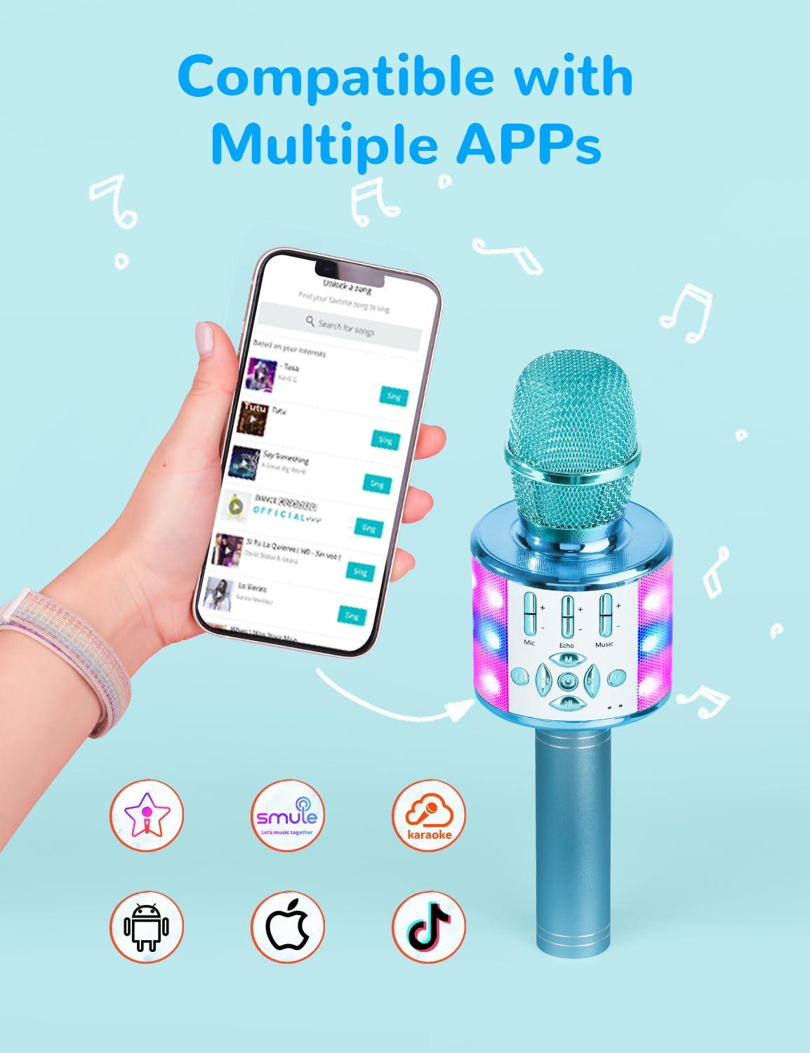 Amazmic Amazmic Kids Karaoke Microphone Machine Toys for Girls Bluetooth Microphone with LED Light, Birthday Gift for Girls Boys 3 4 5 6 7 8 9 10 11 12 Year Old Kids Toys(Blue)