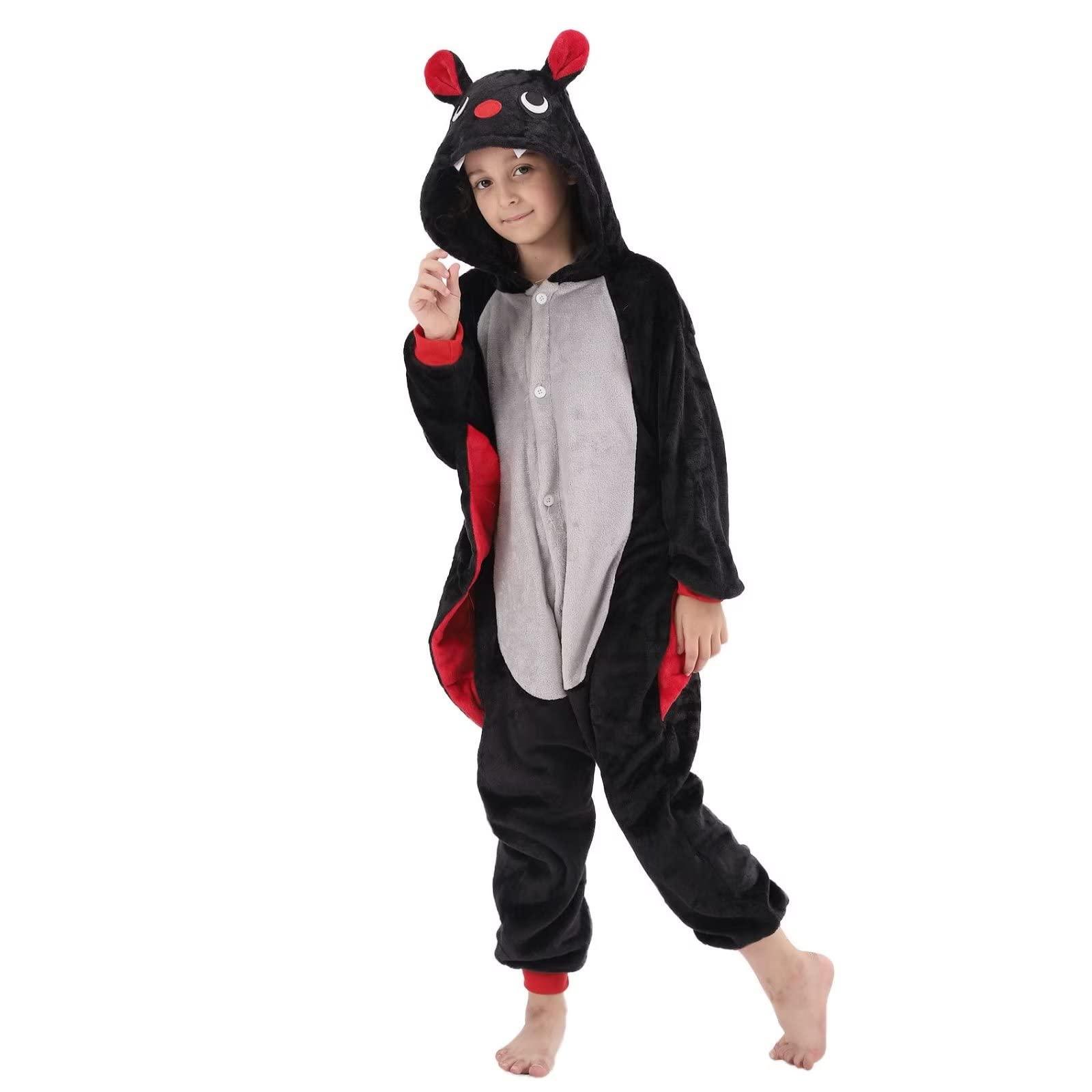 LOBUJOU LOBUJOU Kids Onesie Costume for Boys Girls Halloween Animal Cosplay One Piece Flannel Hooded Black Bat M