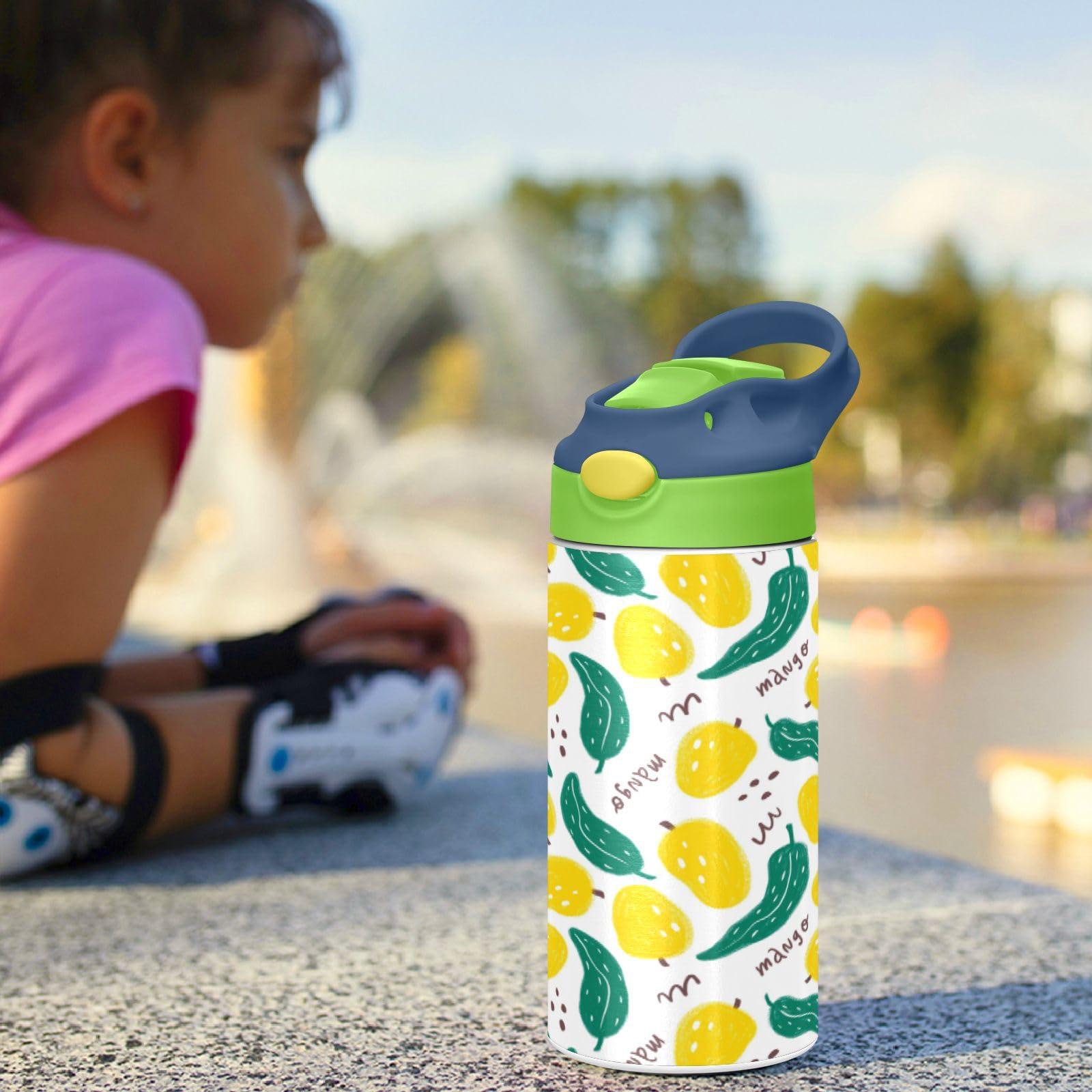 Wfrish Cute Tropical Yellow Mango Leaves Kids Water Bottle with Silicone Straw for Girls Boys Toddlers Insulated Stainless Steel with Straw Lid BPA-Free Duck Mouth Leakproof Tumbler 12 oz