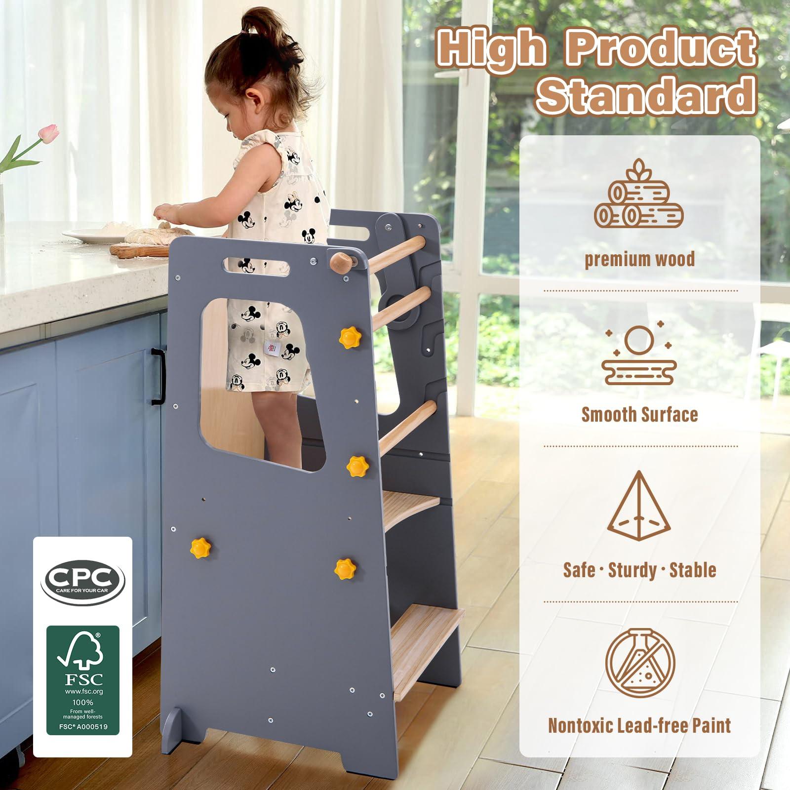 Aokkto Aokkto 4 in 1 Toddler Kitchen Tower, Kids Kitchen Stool Helper, Standing Tower with Convertible Table and Chair, Toddler Step Stool with Adjustable-Height,Whiteboard and Safety Rail for Kitchen, Gray