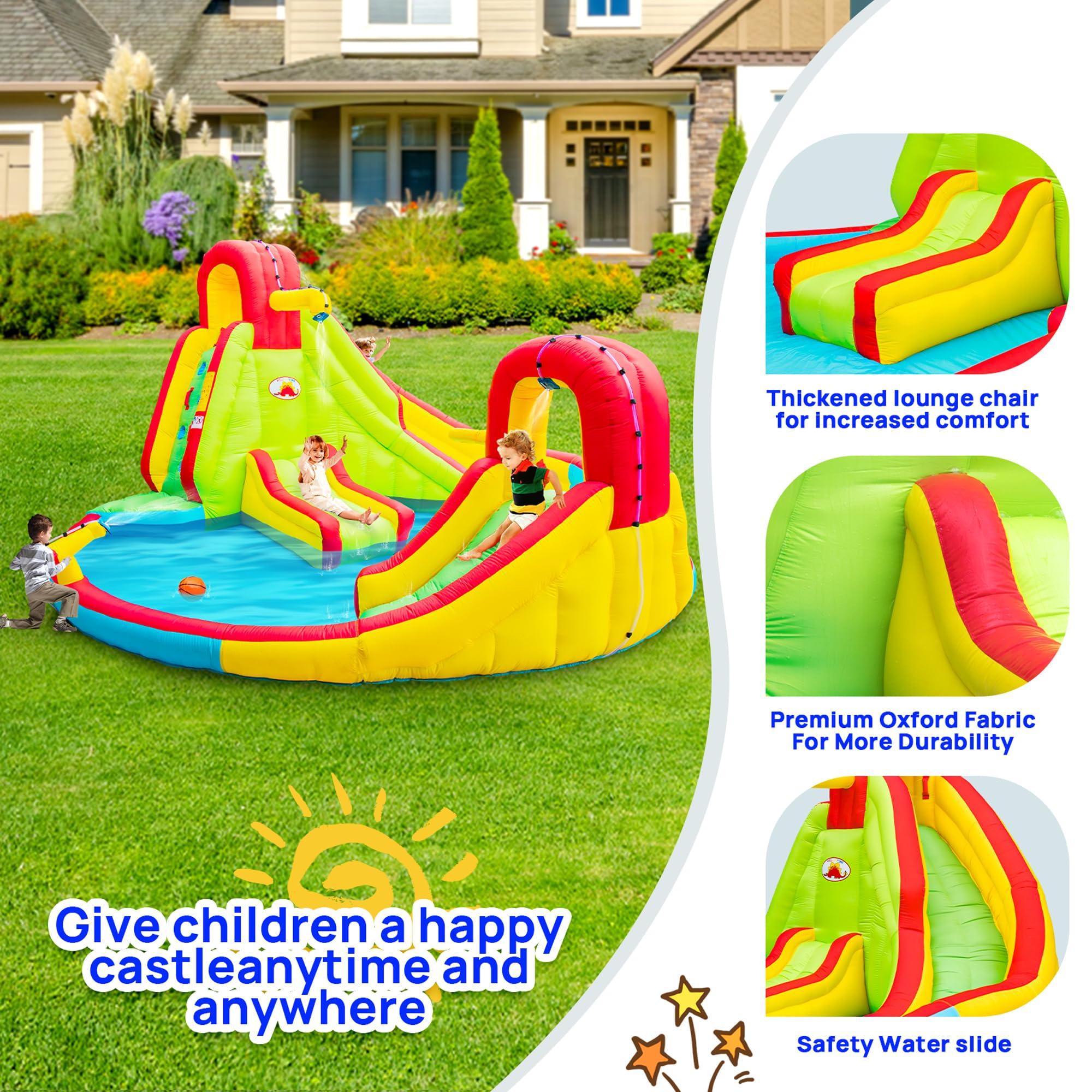 WELLFUNTIME WELLFUNTIME Inflatable Water Park with Blower, Dual Water Slide, Climbing Wall, Water Gun, Splash Pool, Lounge and Basketball Hoop