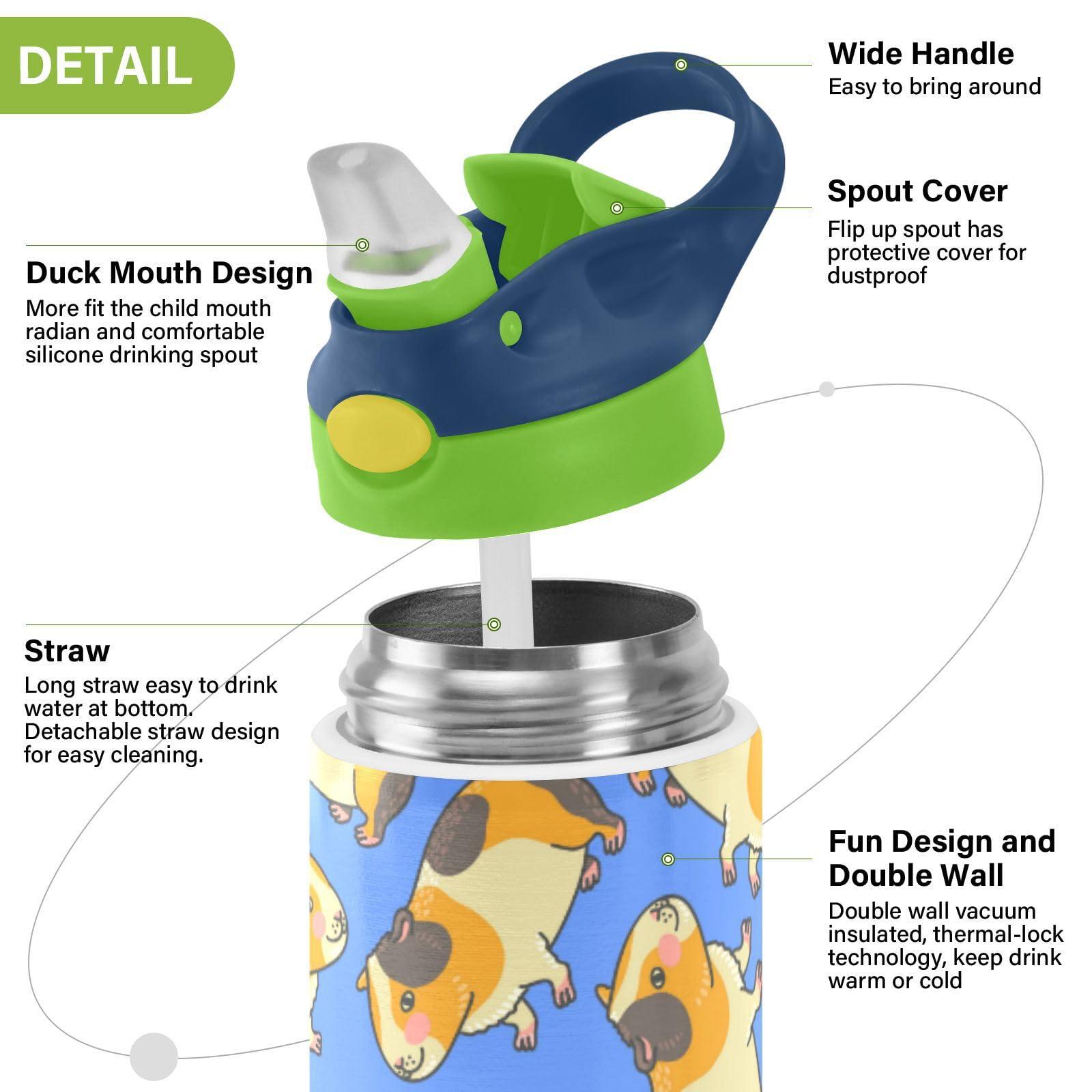 Wusikd Cartoon Guinea Pig Water Bottle with Straw Insulated Stainless Steel Cute Water Bottles for Cups Thermos for School Boys Girls BPA Free Cups 12 oz Green Top