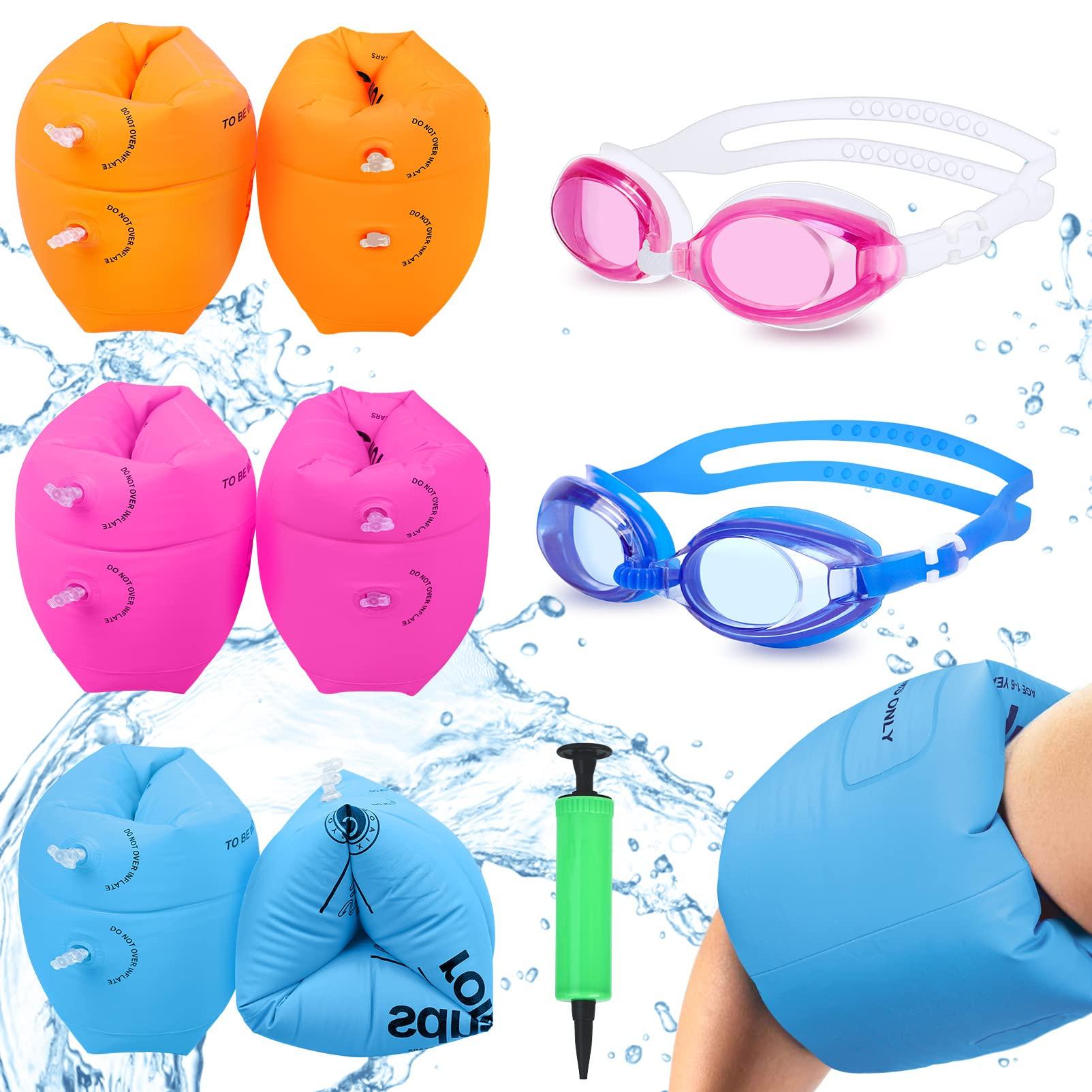 Korlon Tec Arm Floaties for Kids 6-12yrs, PVC Arm Floaties Inflatable Swim Arm Bands Floater Sleeves Swimming Rings and Swimming Goggles Kids Floaties for Pool 6 Pack (Blue)
