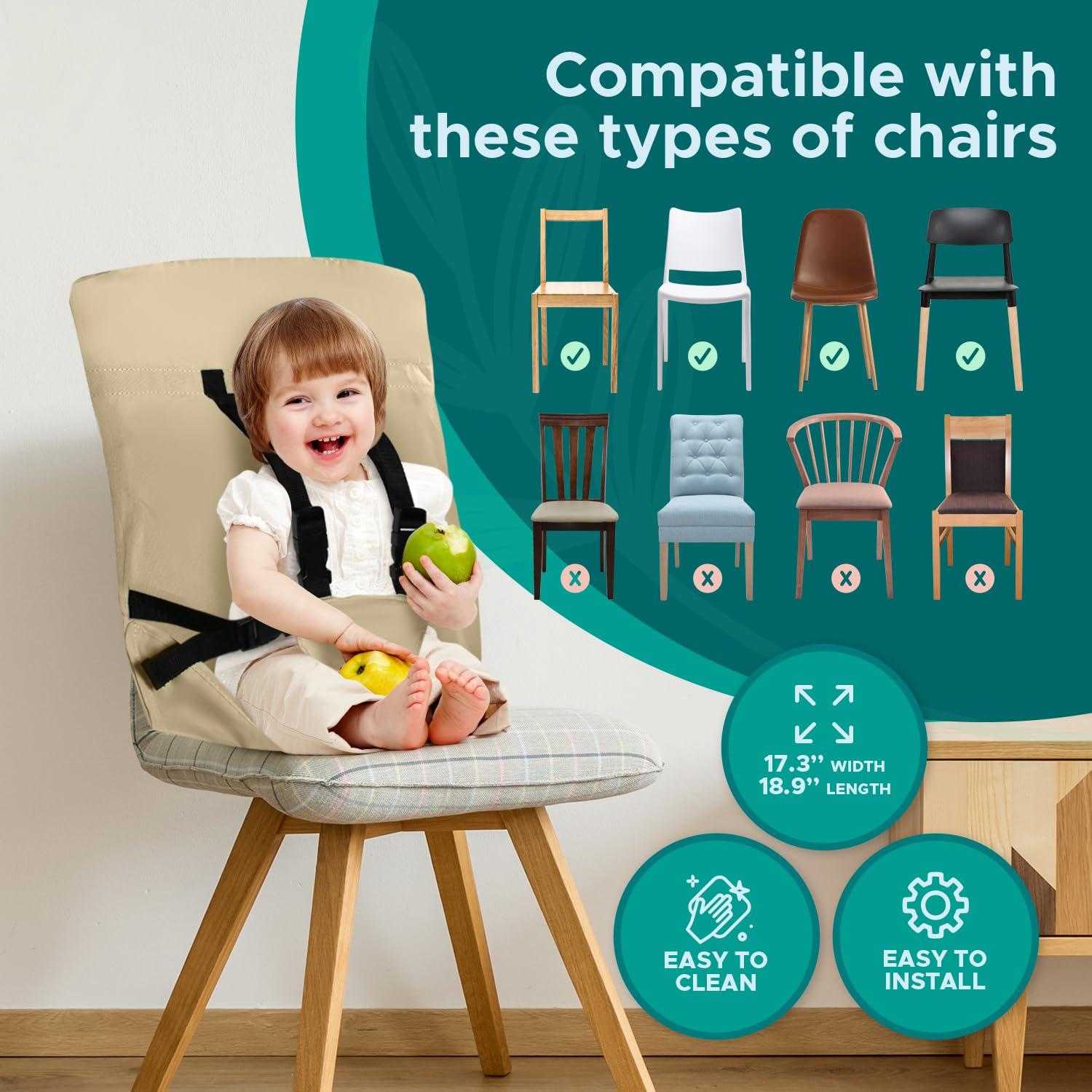 Baby Pick Portable High Chair by Baby Pick- Foldable High Chair for Travel with Adjustable Shoulder Straps- Compact Harness Seat for Babies & Toddlers- Easy to Use Washable Feeding Safety Seat- Beige