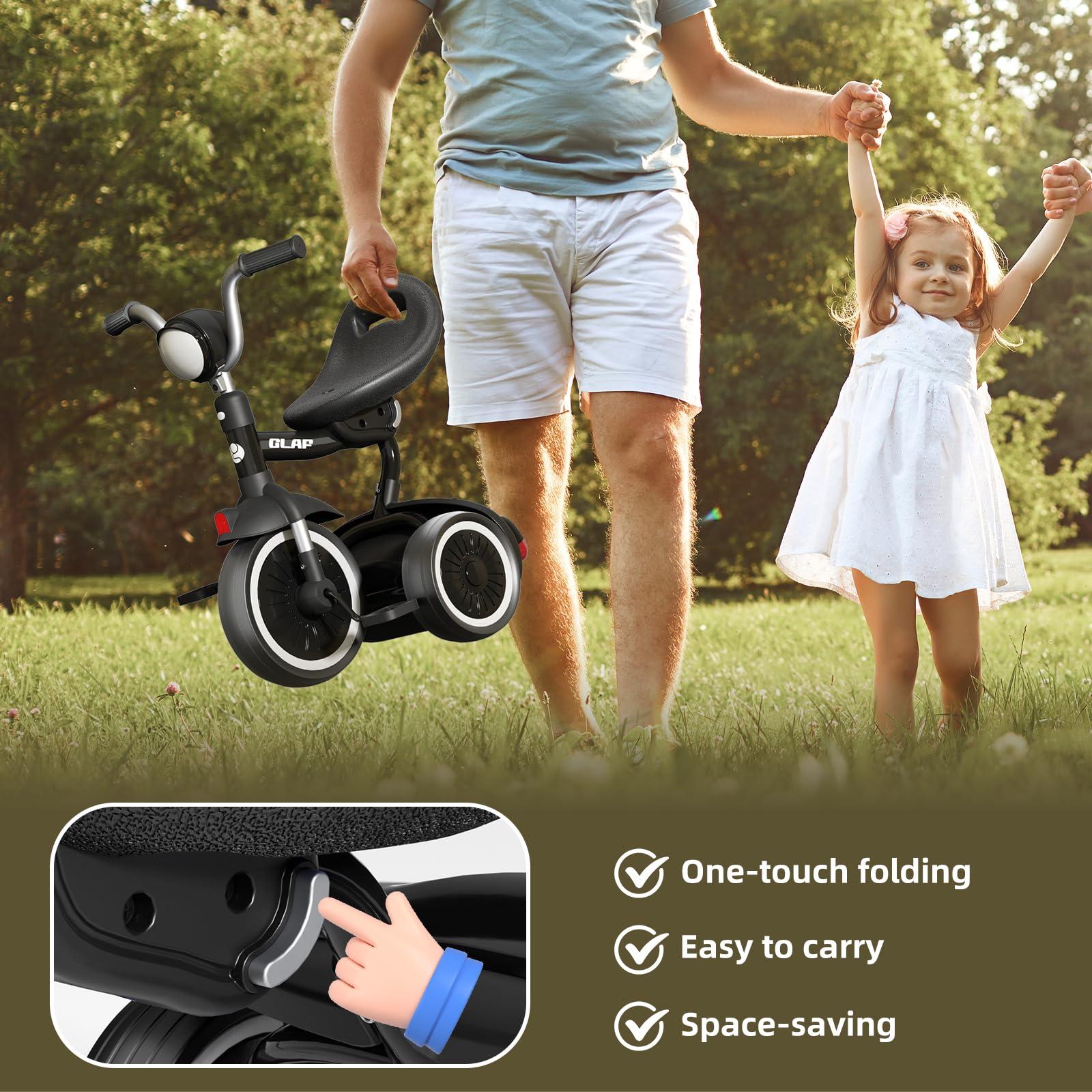 Glaf Glaf Toddler Tricycle Foldable Toddler Bike with Pedals, Adjustable Seat and Storage Basket, Kids Tricycle Birthday Gifts for Toddlers 1-5 Years Old Boys Girls (Black)