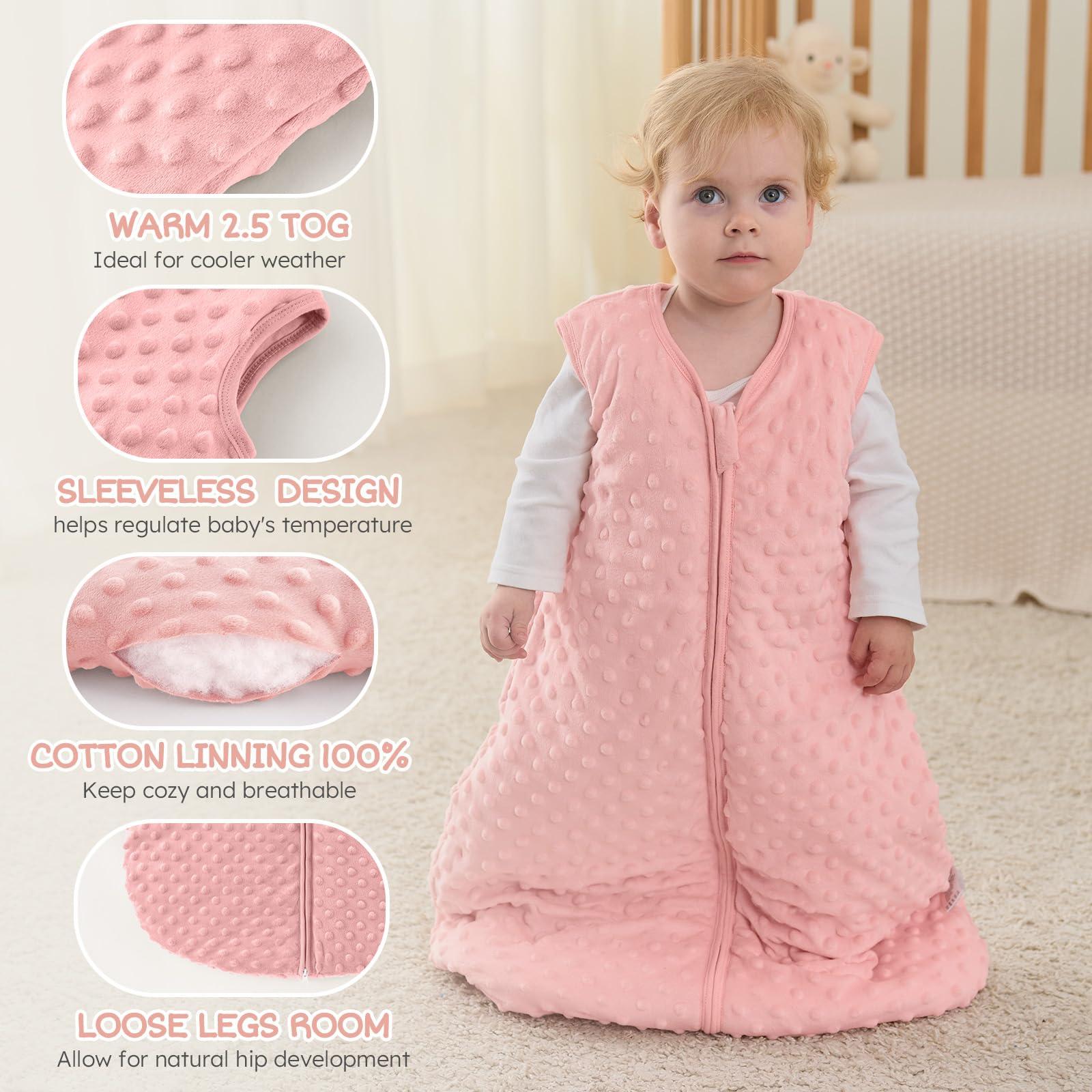 FILLEEP FILLEEP Fleece Baby Sleep Sack 1-7 Months 2.5 Tog with Plush Dots, Winter Baby Wearable Blanket for Infant Toddler Sleeping Sack 2-Way Zipper Warm Sleep Sack,Pink