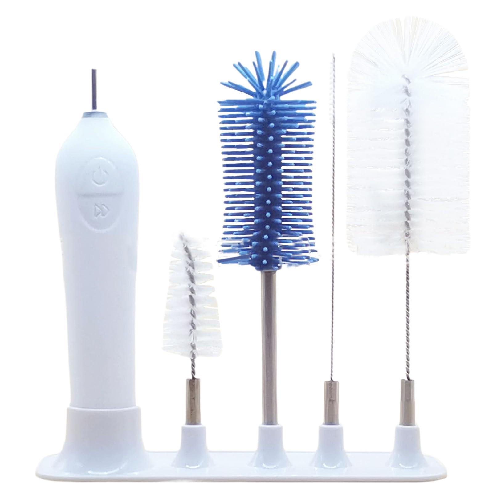 Pineeseatile Bottle Cleaner Brush Set Electric Bottle Brush Cleaner with Anti-Slip Stand, Waterproof Safe Baby Bottle Washer with 4 Replacement Heads, Reusable Bottle Cleaner Brush Set
