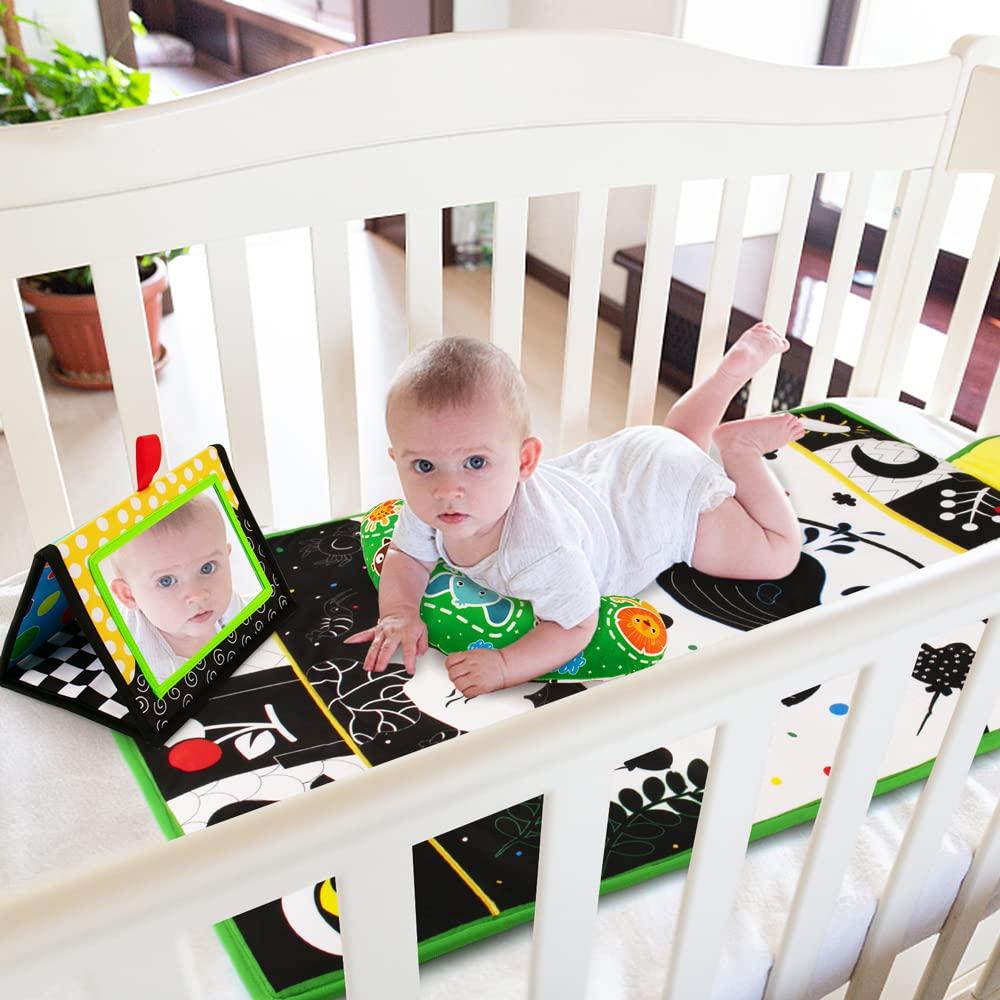 Inbeby Inbeby Tummy Time Mirror & Play Mat & Pillow 3-in-1, High Contrast Black and White Baby Toys, Activity Mat for Early Education, Newborn Infant Tummy Time Toy Set for 0 3 6 12 Month Crinkle/Squeake