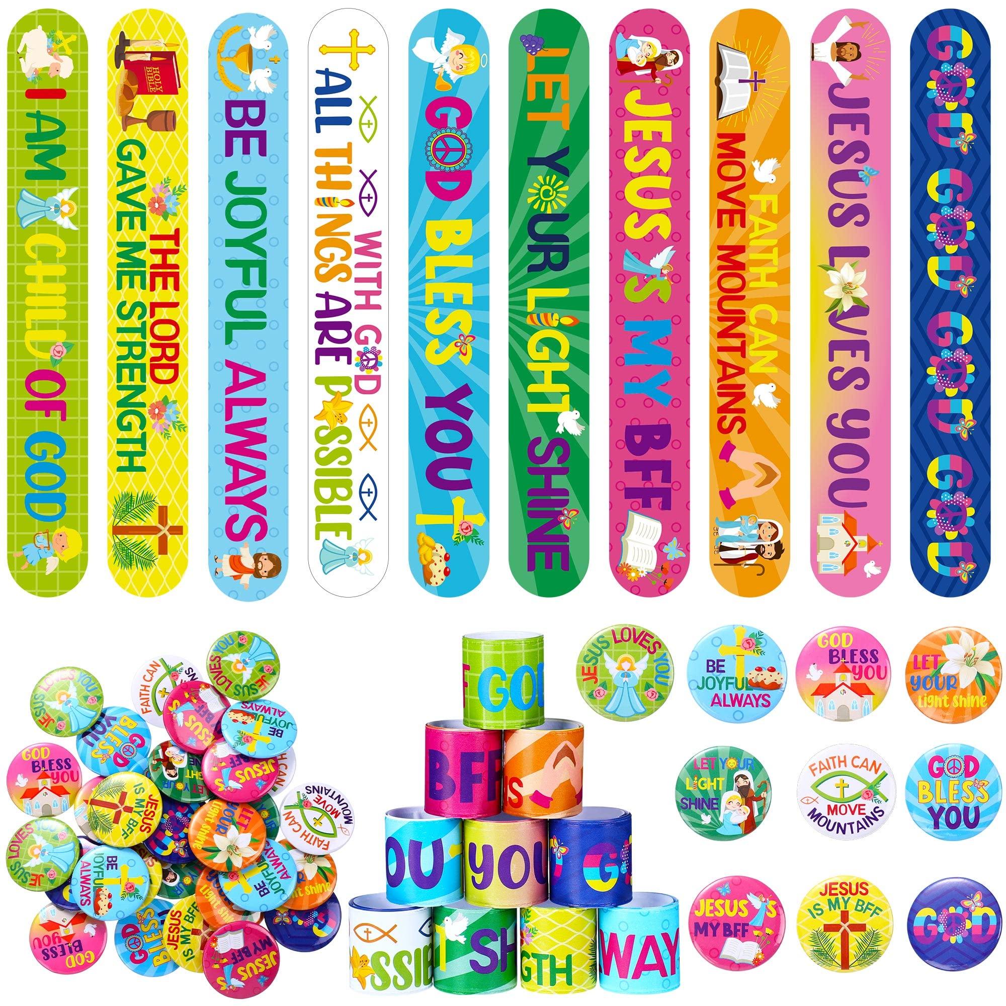 Frienda Frienda 60 Pcs Easter Religious Gifts Religious Slap Bracelets with Badges Christian Gifts for Kids Jesus Love You Wristbands Bracelets for Vbs Sunday School Supplies Birthday Party Favors(God)