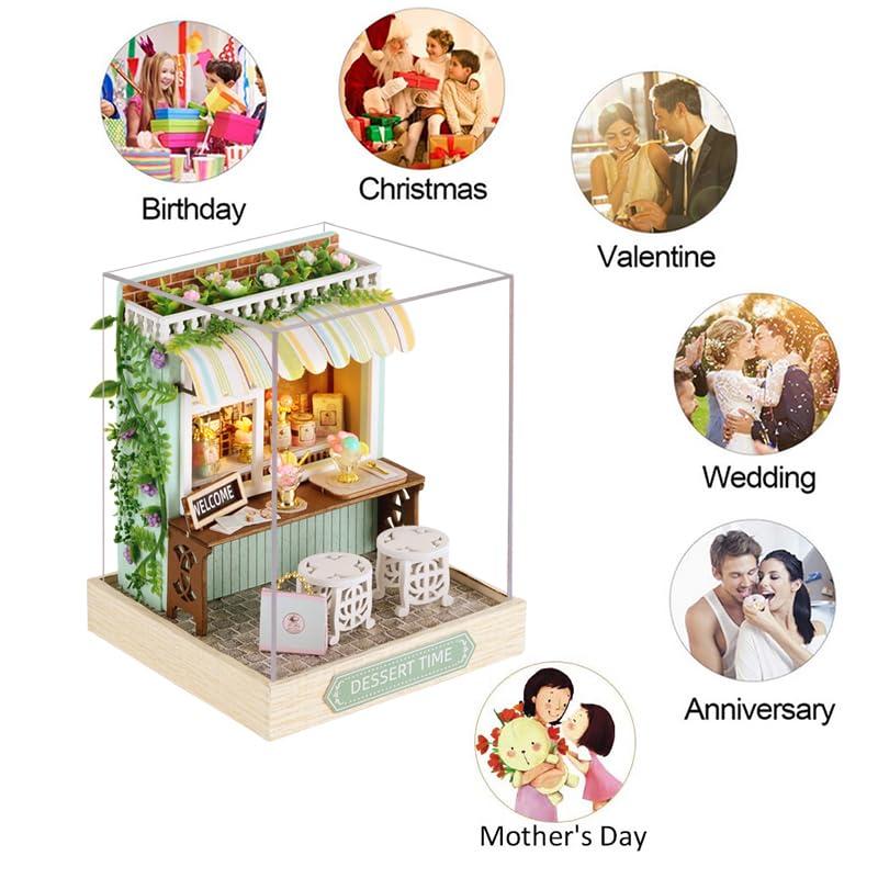 Generic Generic DIY Miniature Dollhouse Kit Wooden Dolls House with LED Dust CoverCreative Room Mini House Building Kit for Birthday Gift (Dessert time)