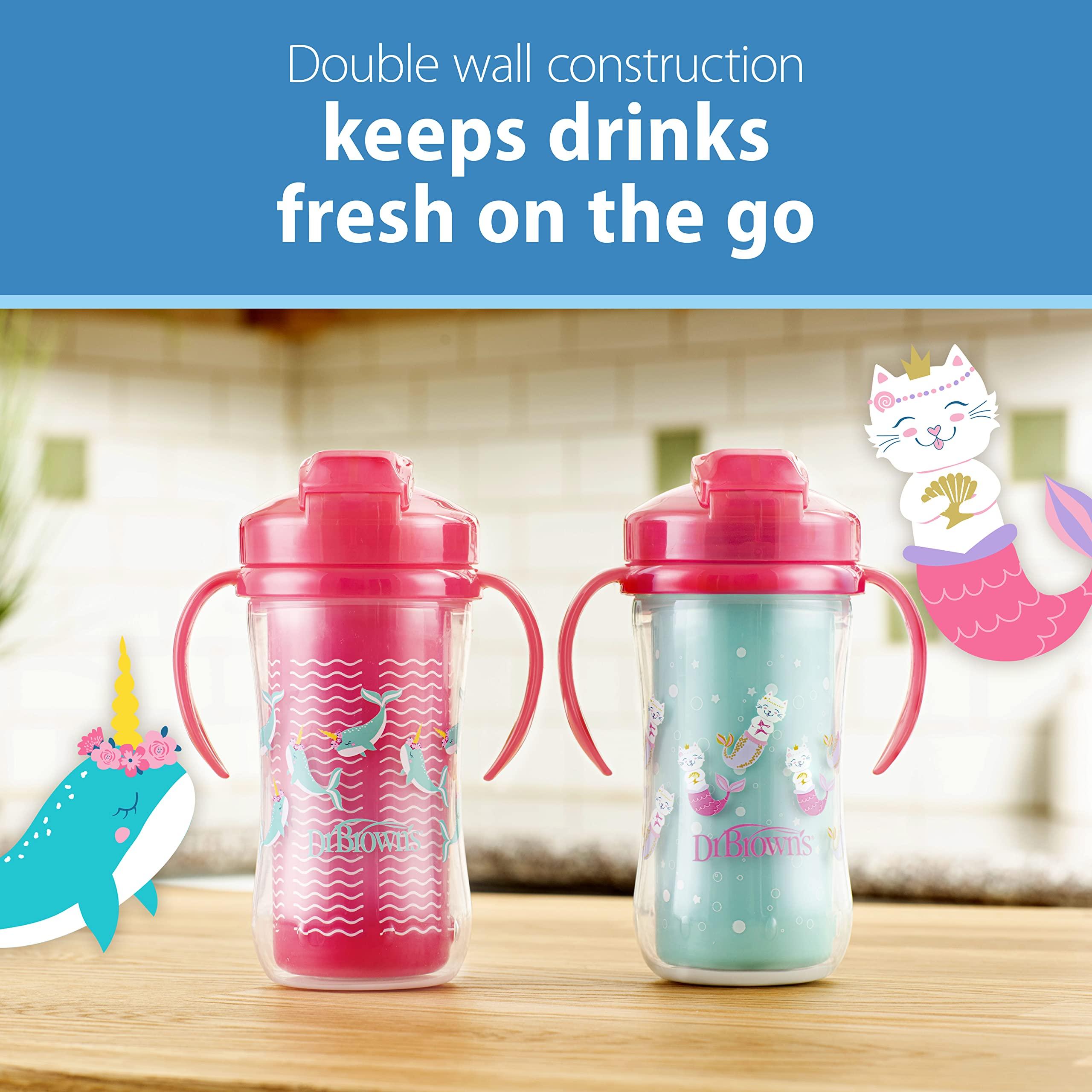 Dr. Brown\'s Dr. Brown's Milestones Insulated Sippy Cup with Straw and Handles, Pink, 10oz, 2 Pack, 12m+ & Milestones Narrow Sippy Straw Bottle with 100% Silicone Handles, 8oz/250mL, Pink, 1 Pack, 6m+