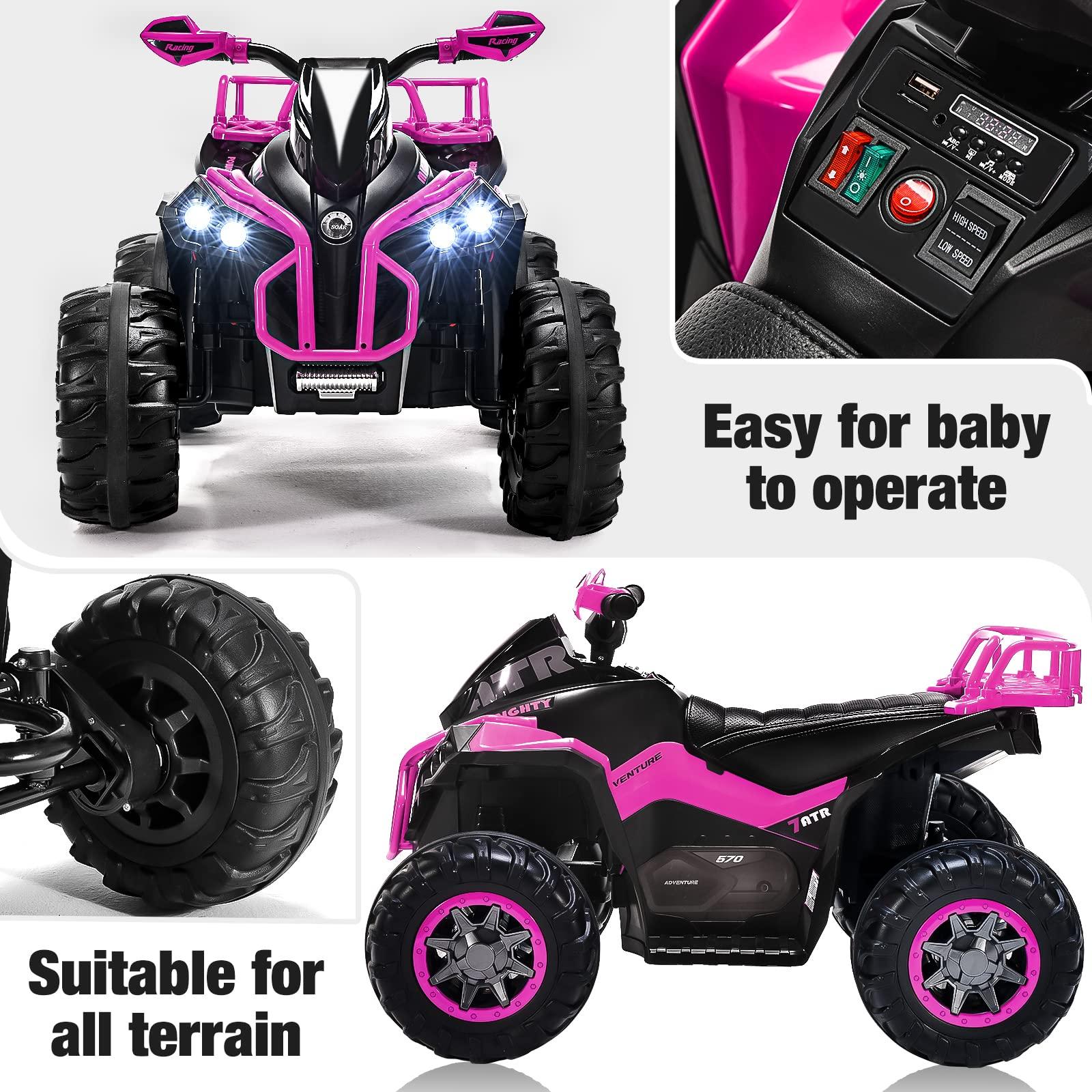 SOAR Soar Remote Control Four Wheeler for Kids - Electirc Toddler 4 Wheeler for Kids 3-6, Ride on ATV 12v Battery Powered, Kids Quad with LED Lights, Music, High Low Speed, USB/TF, Treaded Tires, Pink