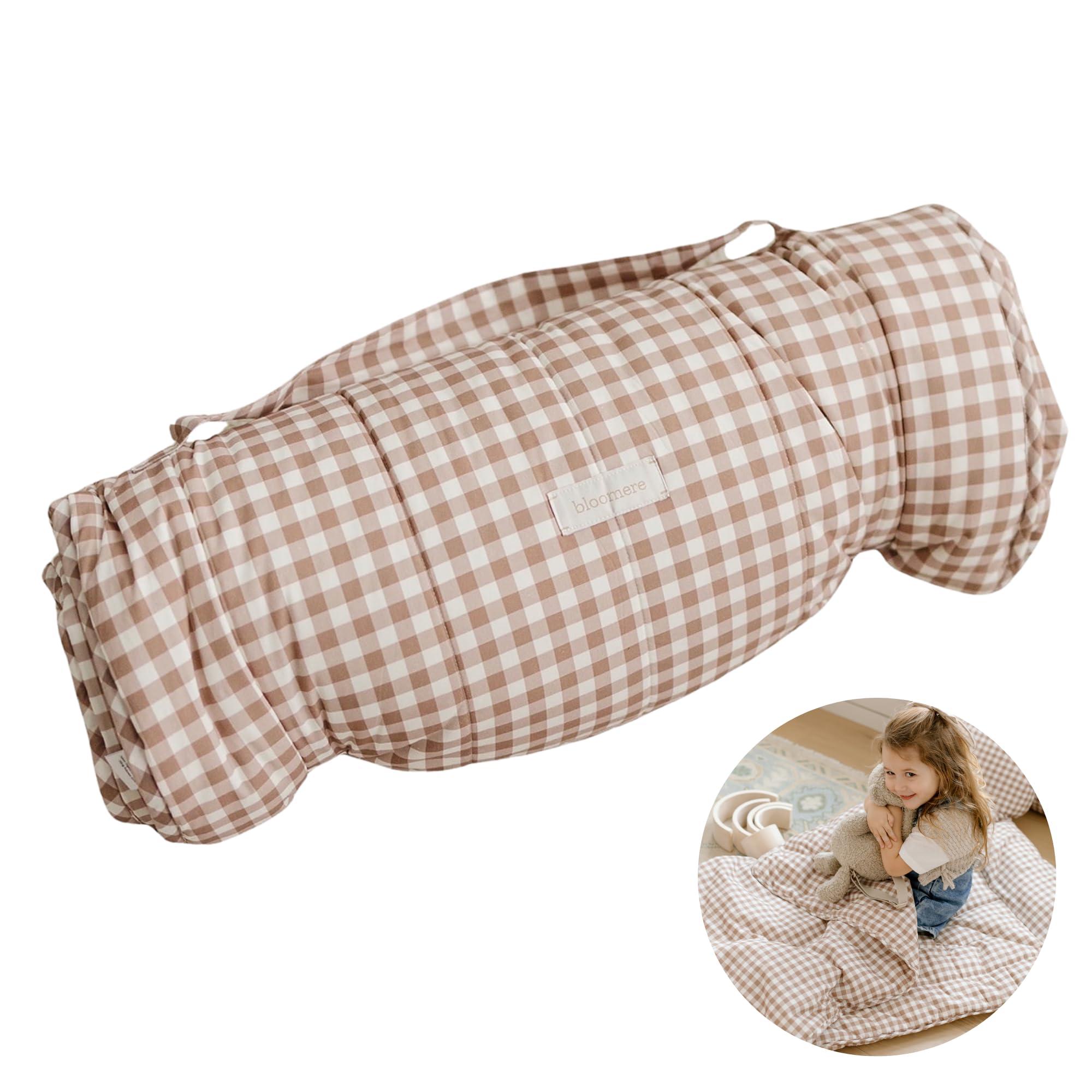 bloomere Organic Toddler Nap Mat - 100% Cotton Fabric Sleeping Mat - Sleeping Bag for Kids - Removable Pillow and Blanket 1.5 Thick Pad - Ideal for Home, Daycare, Preschool & Sleepovers. (Brown Gingham)