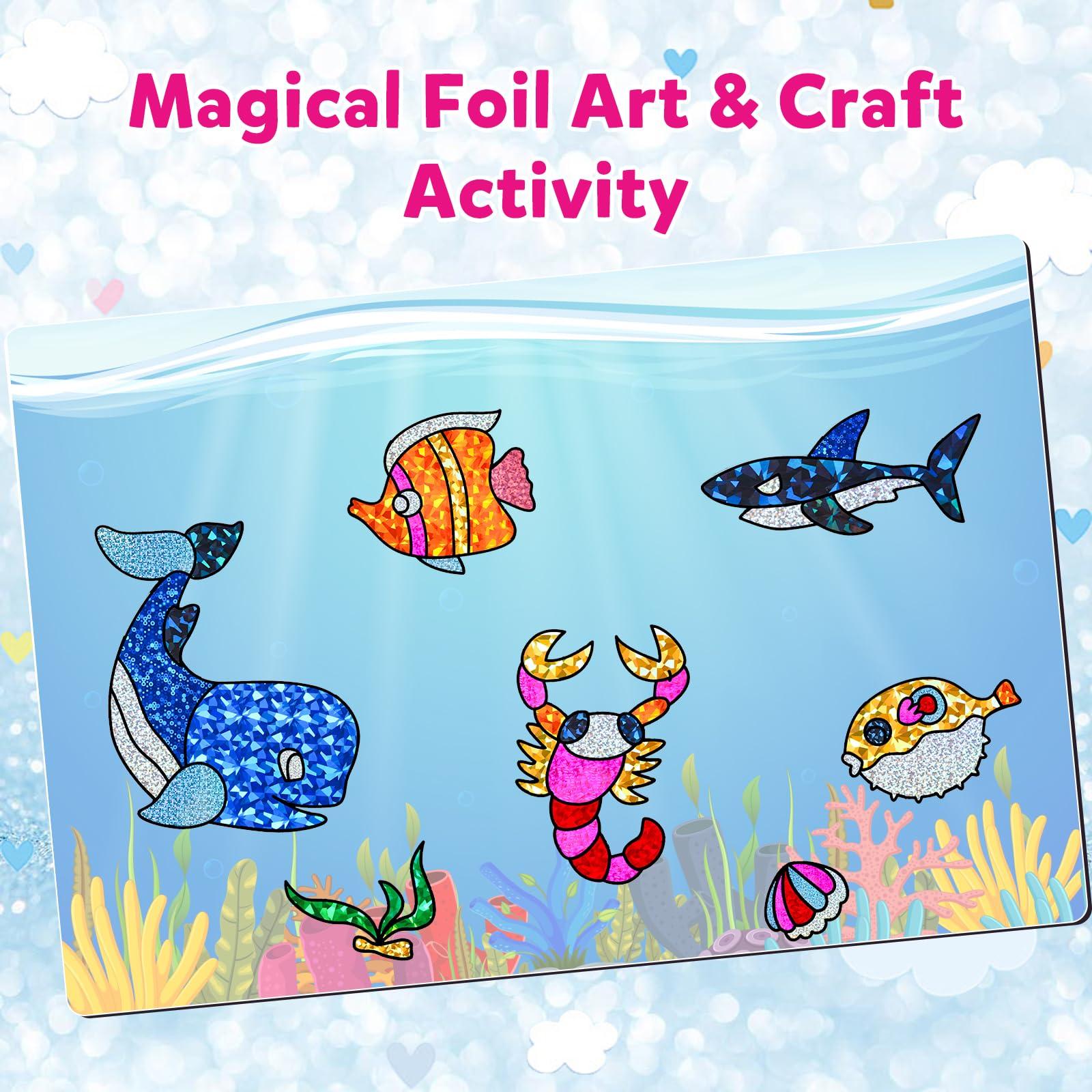 OTAOD Foil Art Kit for Kids - Foil Fun Craft Kits & Supplies, No Mess Art for Kids, Foil Foam Stickers Art Craft Activity for Kids, DIY Creative Activity Birthday Christmas Gift Travel Toys for Girls Boys