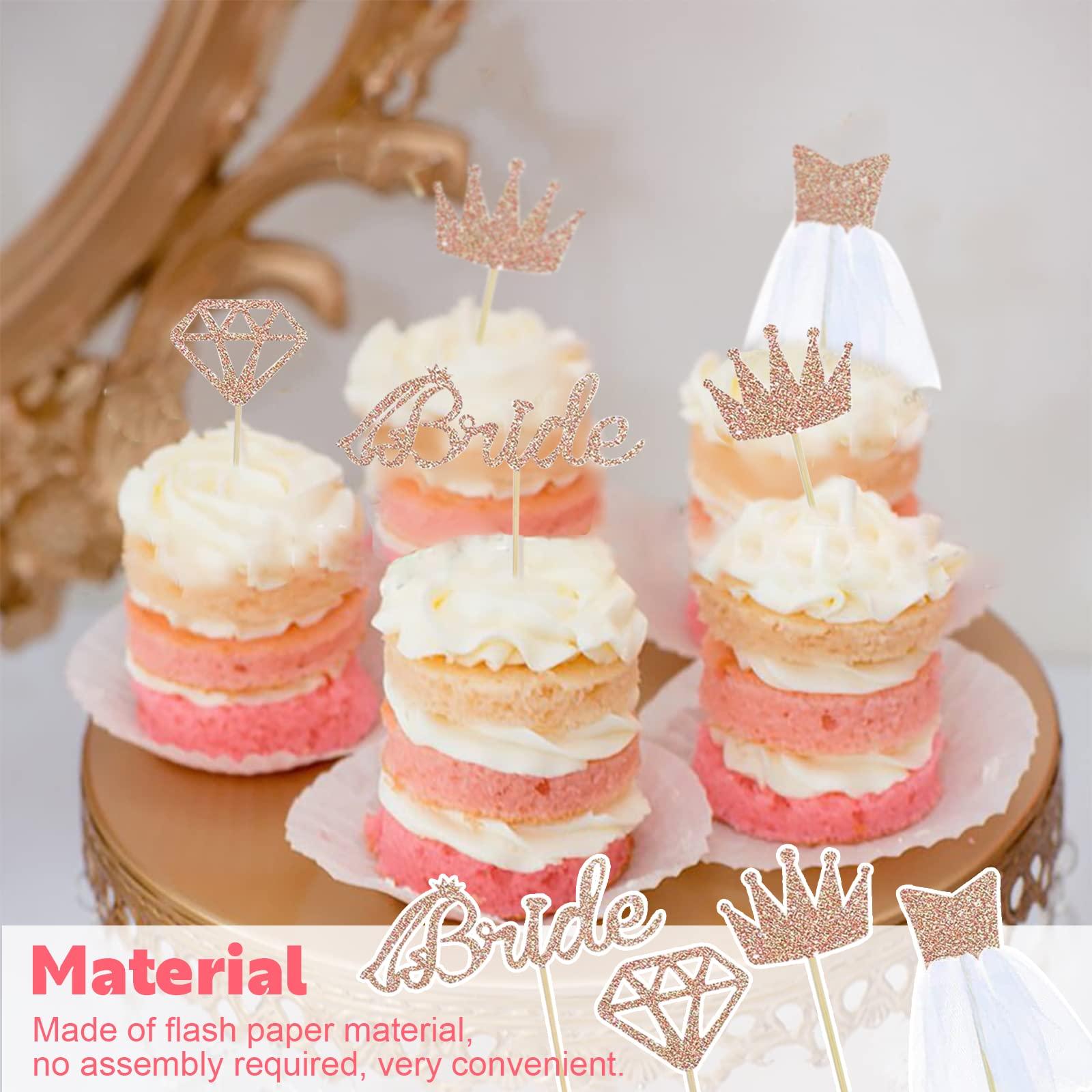 Heyiminy 17-Pcs Bride to Be Cake and Cupcake Toppers Set - Rose Gold Glitter Bridal Gown, Crown Designs Cake Decorations for Wedding, Engagement, Bridal Shower- Miss to Mrs Cake Topper for Bachelorette Party