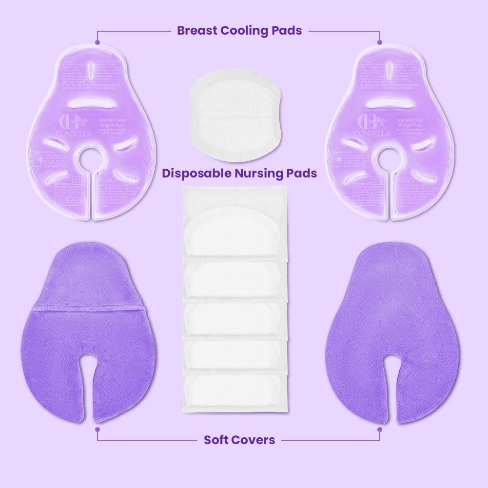 CONBELLA 2 Larger Breast Ice Packs with Soft Covers and 6 Breast Pads for Leaking Milk, Hot and Cold Breast Therapy Packs, Breastfeeding Essentials for Relief of Clogged Ducts, Nipple Pain, Engorgement