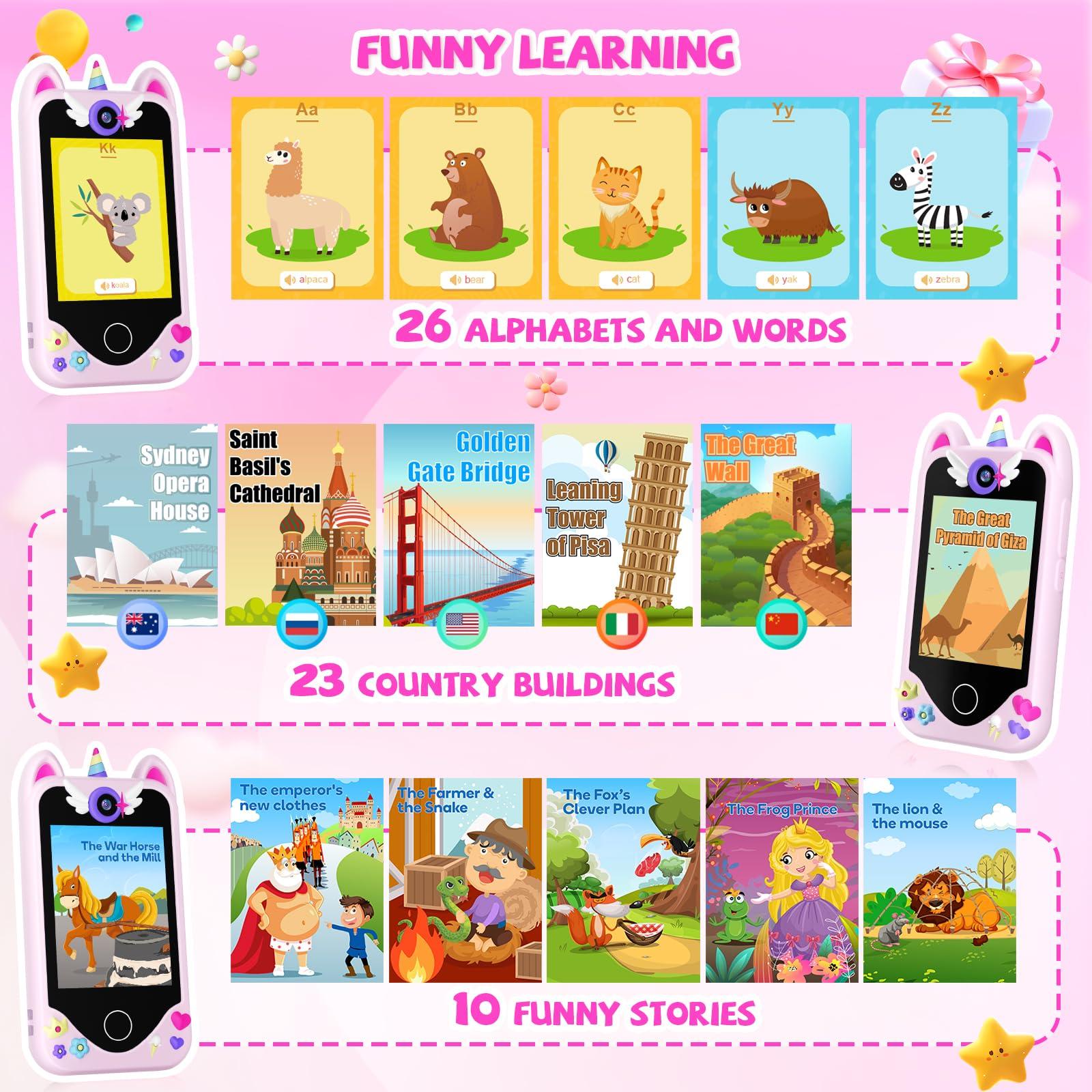 Yosfeng Kids Smart Phone for Girls Gifts - Toddler Christmas Birthday Gift for Age 3 4 5 6 Year Old, Kids Cell Phone Toy with Touchscreen, Dual Cameras, Learning, Music Player, Games with 32 GB Card