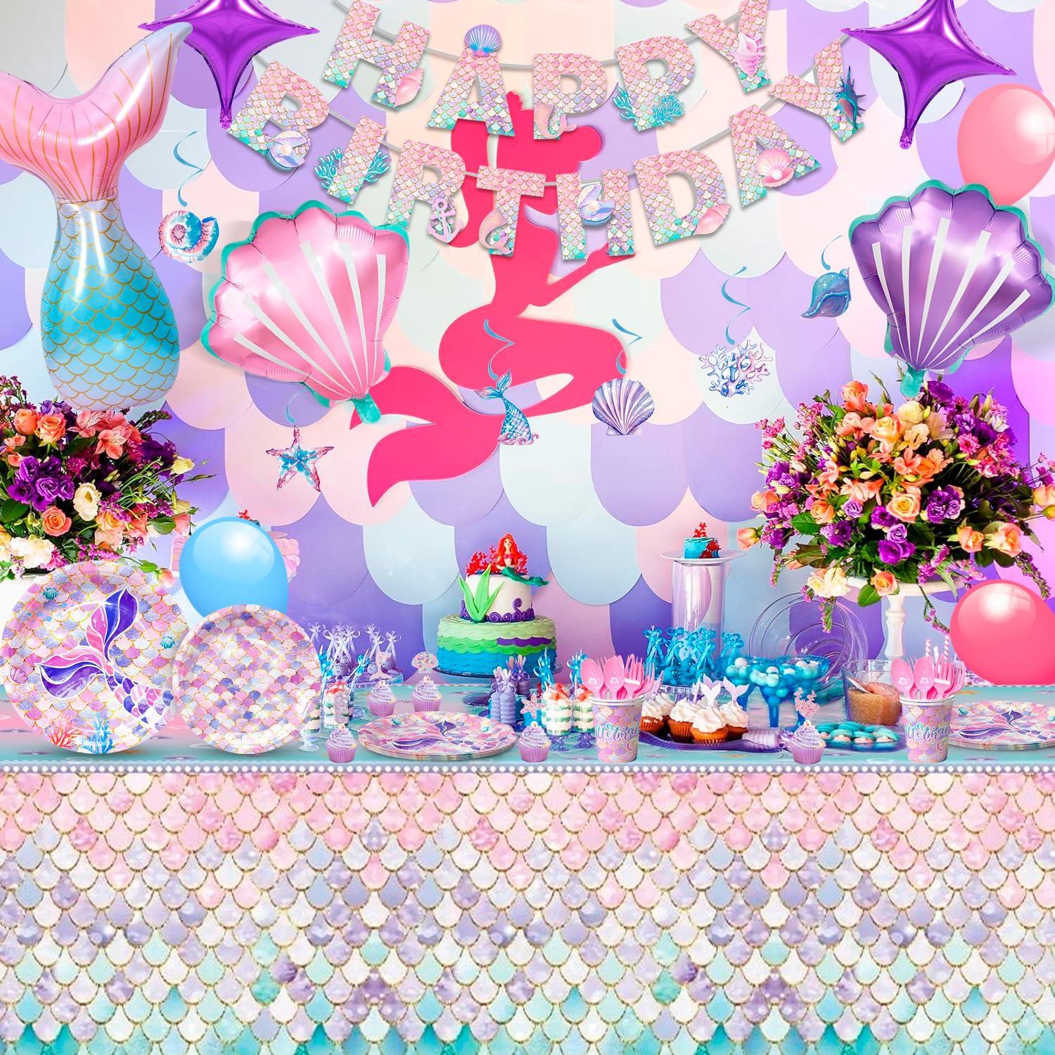 Fruitful Jewelry Mermaid Party Supplies,132 Pcs Mermaid Birthday Party Decorations Kit Mermaid Birthday Plates Cups Napkins Tablecloth Mermaid Banner Balloons Hanging Swirl etc Mermaid Birthday Decorations