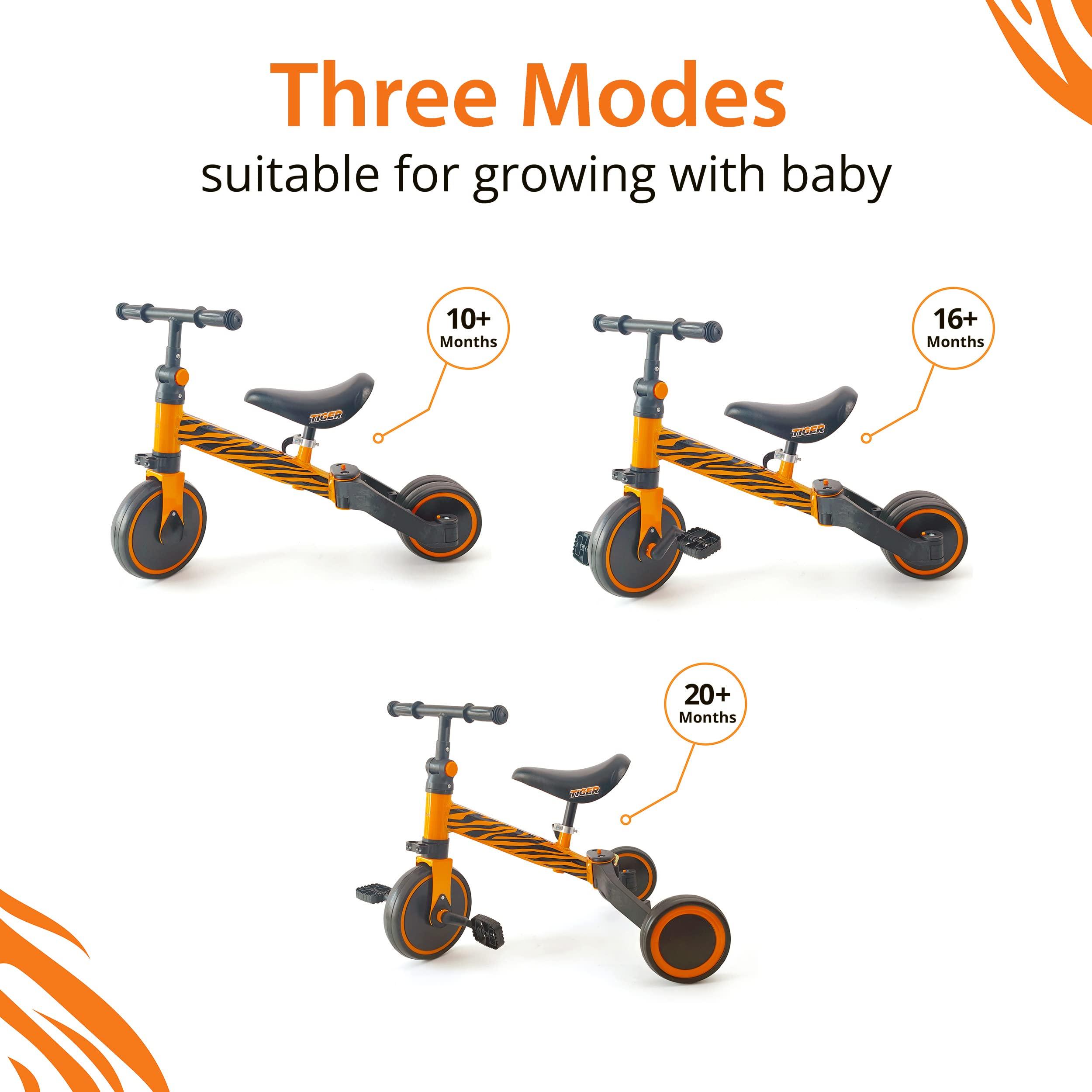 Hurtle 3 in 1 Kids Tricycles - Balance Training Bike Convertible Toddler Walker Riding Toys for 10 Month to 3 Year Old Boys Girls w/Removable Pedals, Carbon Steel Frame, Adjustable Seat Height (Tiger)
