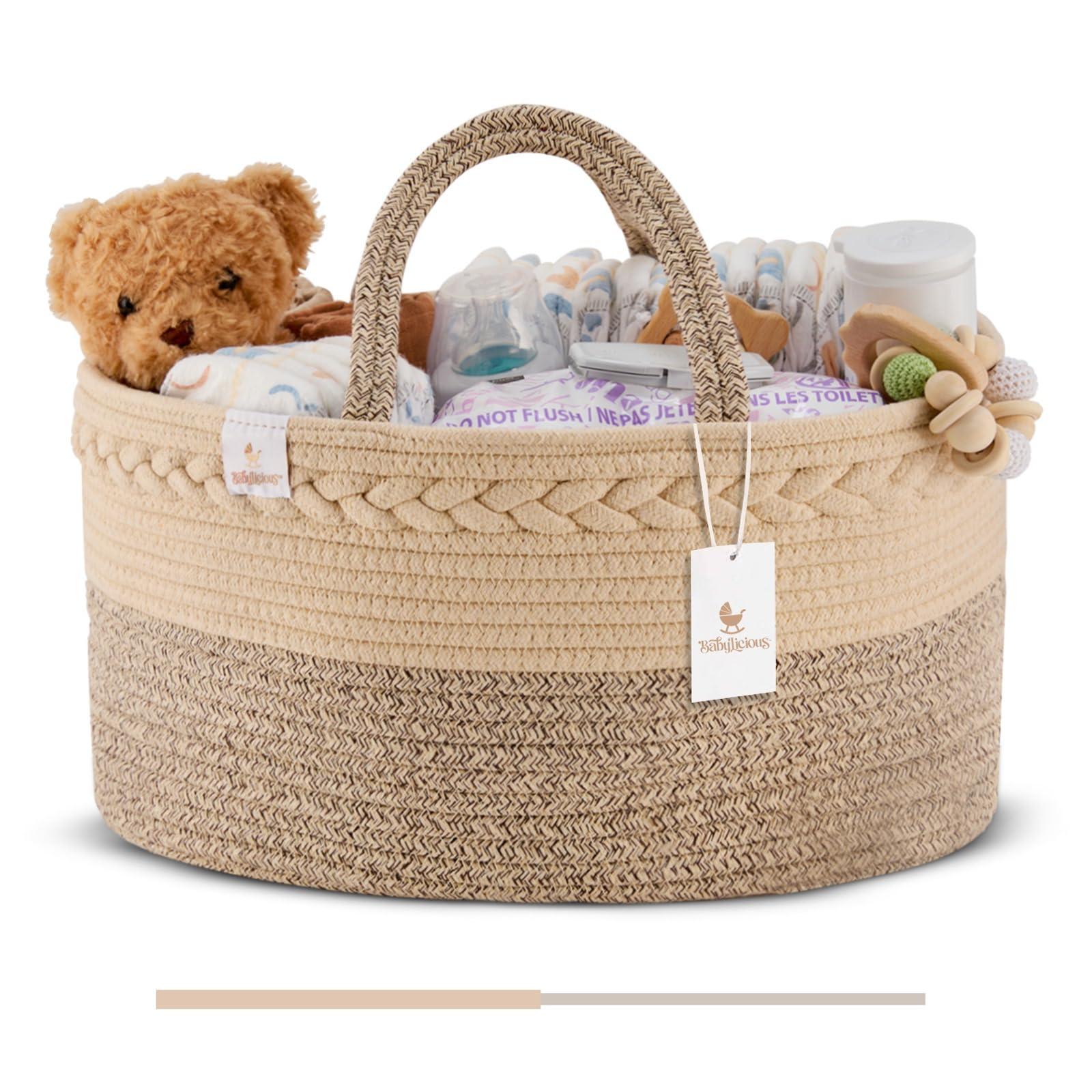 Babylicious Baby Diaper Caddy Organizer | Changing Table Organizer for Wipes and Diapers | Cotton Rope Diaper Organizer for Changing Table - Large | Newborn Essentials Must Haves for Parents - Sandy Beige