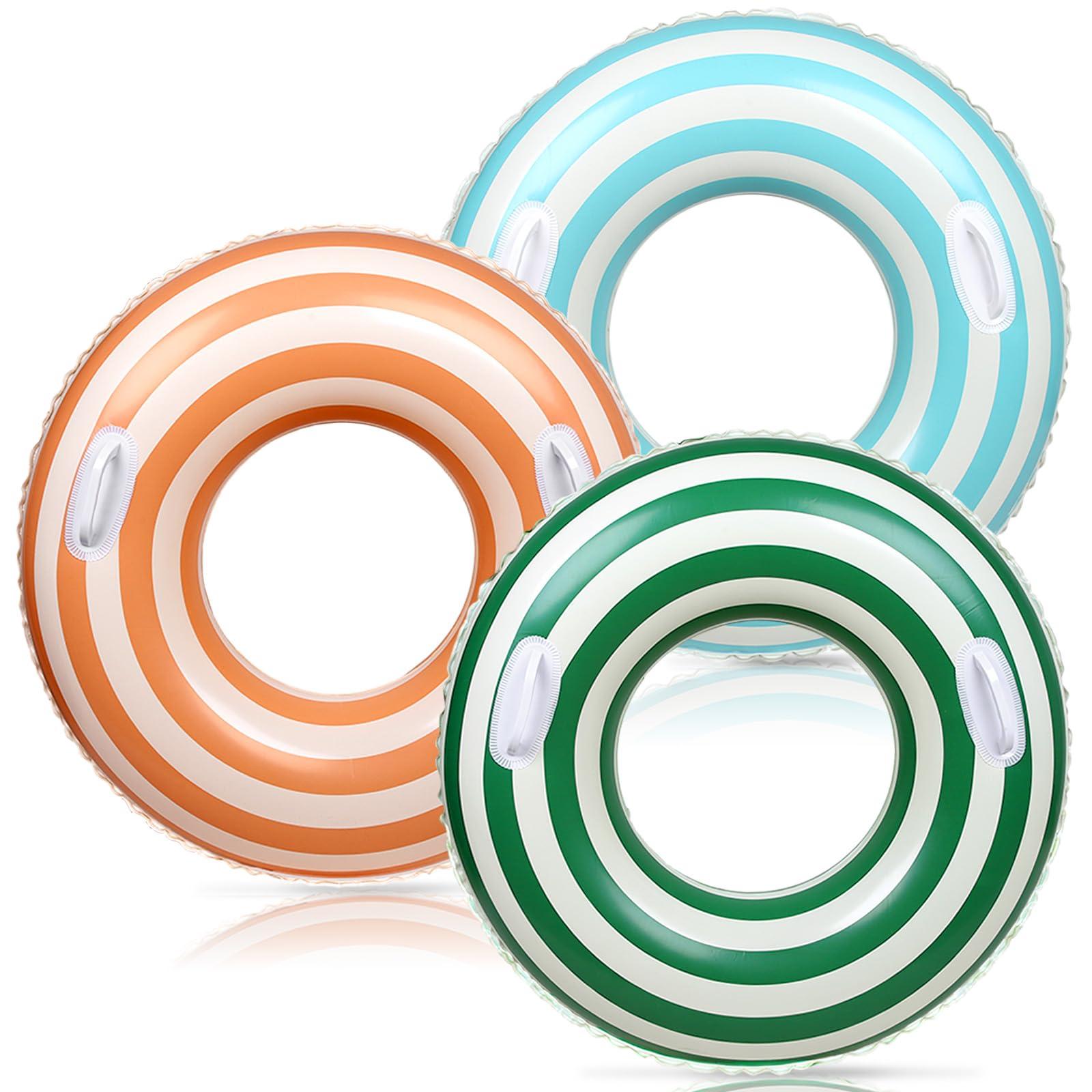 Whaline Whaline 3Pcs Pool Tube with Handles Retro Orange Green Blue Striped Swim Pool Rings Inflatable Float Loungers Tube for Summer Swimming Pool Beach Bachelorette Party, 30 x 14 Inch