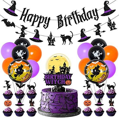 JOYMEMO Witch Birthday Party Decorations with Happy Birthday Banner Halloween Theme Cake Topper Cupcake Picks Birthday Witch Garland for Girls Horror Happy Birthday Supplies