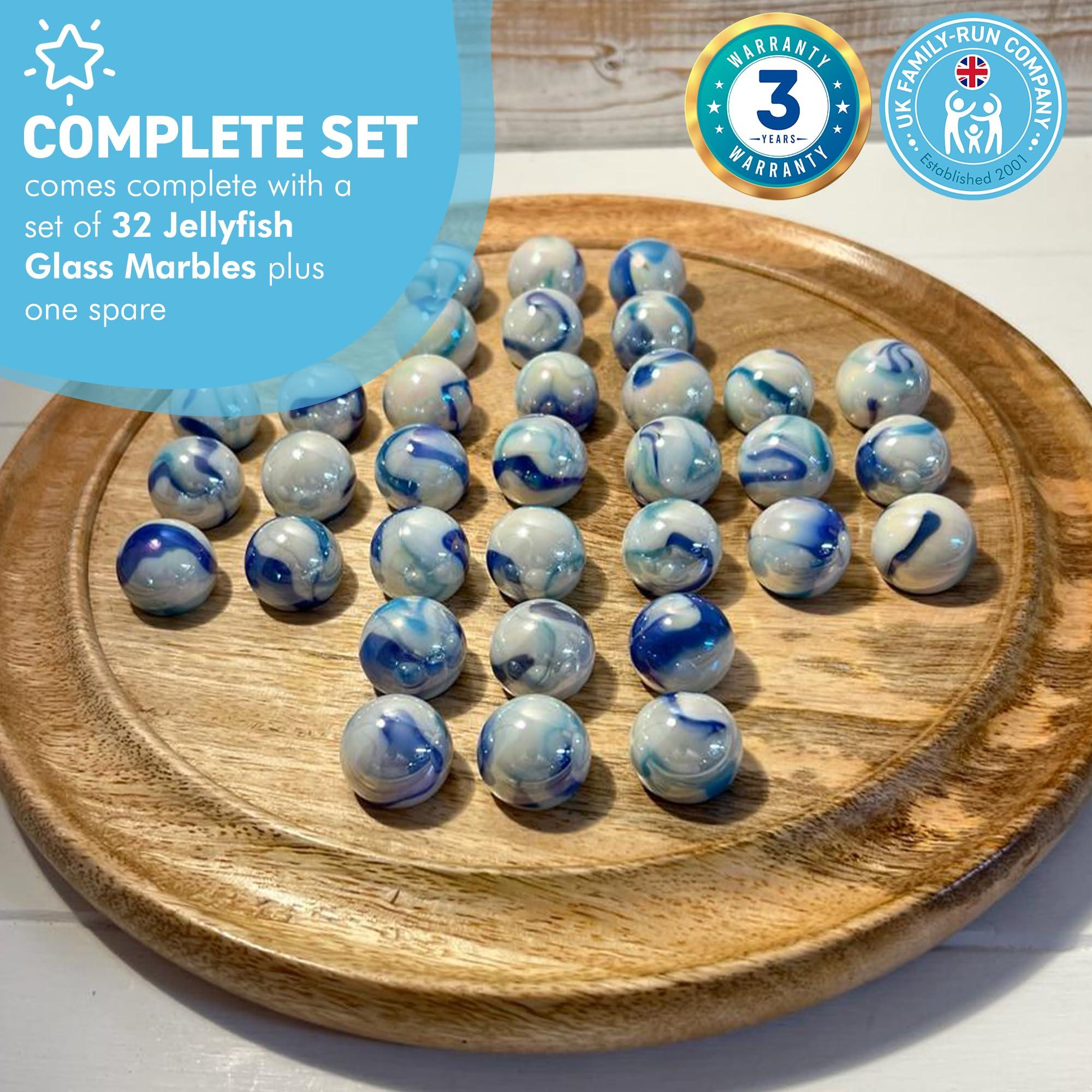 Thorness 30cm Diameter WOODEN SOLITAIRE BOARD GAME with JELLYFISH GLASS MARBLES | classic wooden solitaire game | strategy board game | family board game | games for one | board games