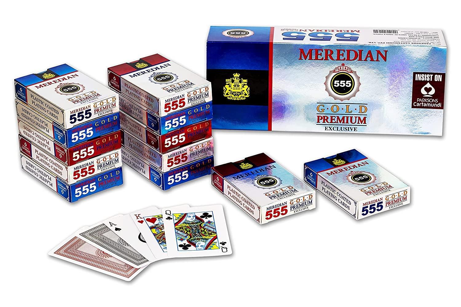 Generic Meredian 555 Gold Premium Exclusive Meredian 555, Paper Playing Cards, Bridge Size, Regular Index, Red & Black, Pack of 12 for Adult