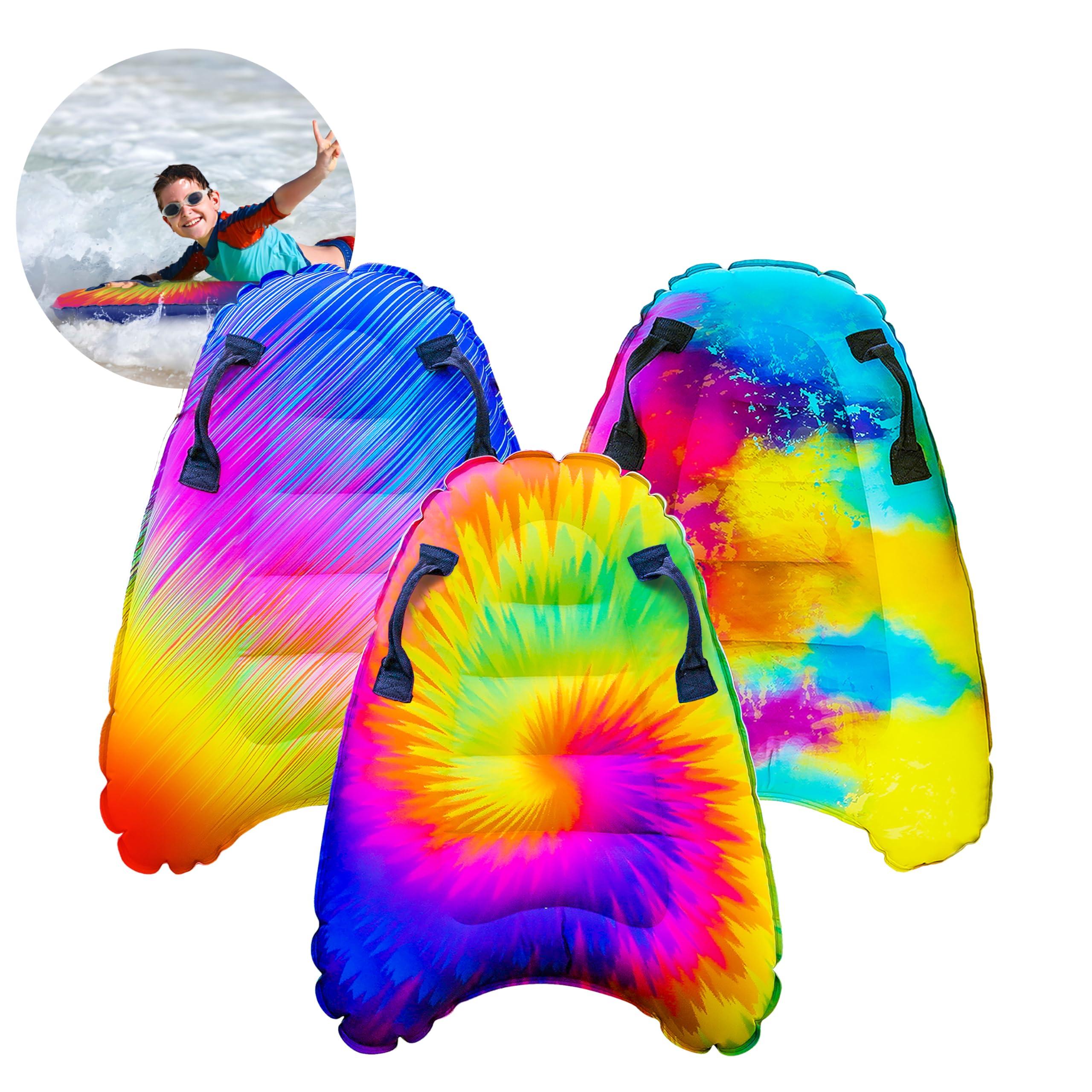 JAMBO JAMBO Inflatable Surf Body Board with Handles, Boogie Board for Beach, Surfing Swimming Floating Surfboard Boards, Pool Floats Pool Beach Toy for Kids (Tie-Dye, Water Color and Color Spiked) - 3 Pack