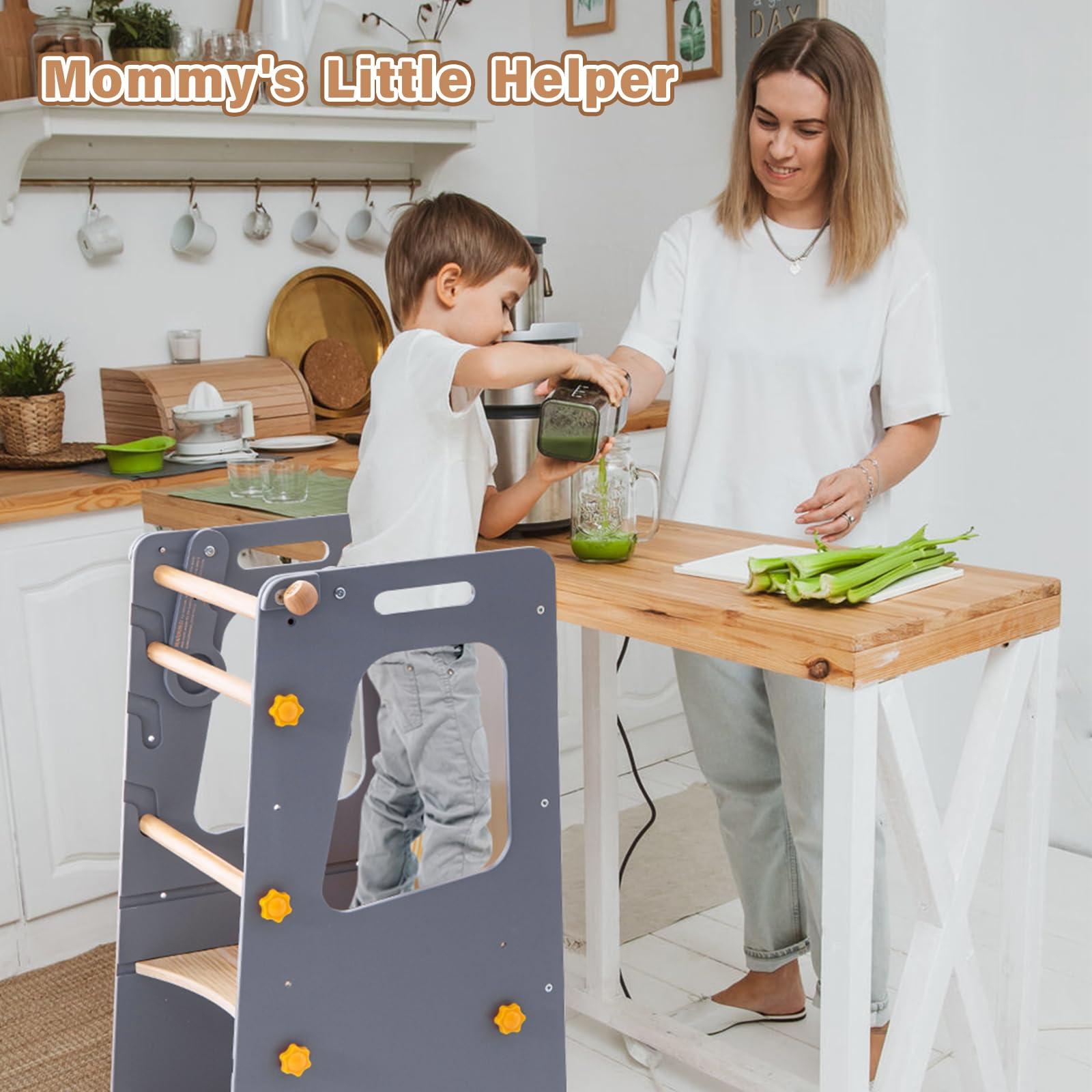 Aokkto Aokkto 4 in 1 Toddler Kitchen Tower, Kids Kitchen Stool Helper, Standing Tower with Convertible Table and Chair, Toddler Step Stool with Adjustable-Height,Whiteboard and Safety Rail for Kitchen, Gray