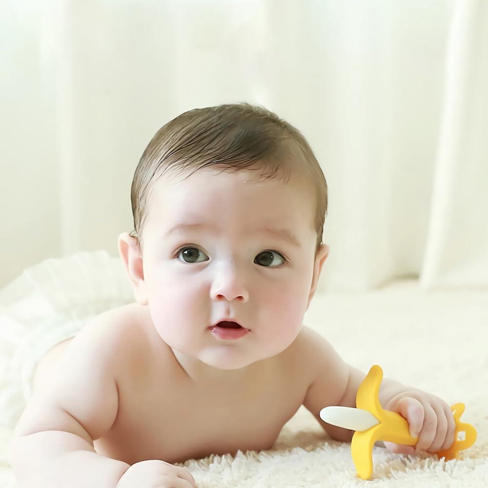 Dupad story Banana Teether, Self-Soothing Pain Relief Soft Silicone Train Teething Toy, Baby Teether for Babies,Toddlers, Infants, BPA Free, Soothes Babies Sore Gums