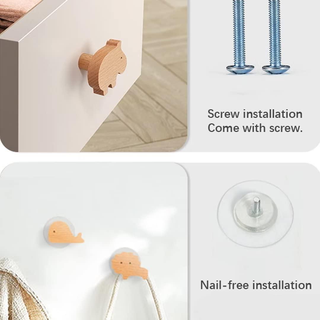 ToysCentral Basics 5 Pack Wood Elephant Knobs Drawer Handle Dresser Handles Kitchen Cabinet Knobs for Nursery Room, Kids Dresser Knobs Wooden Pull Door Closet Bathroom Furniture Handles Natural Wood Hooks (Elephant)